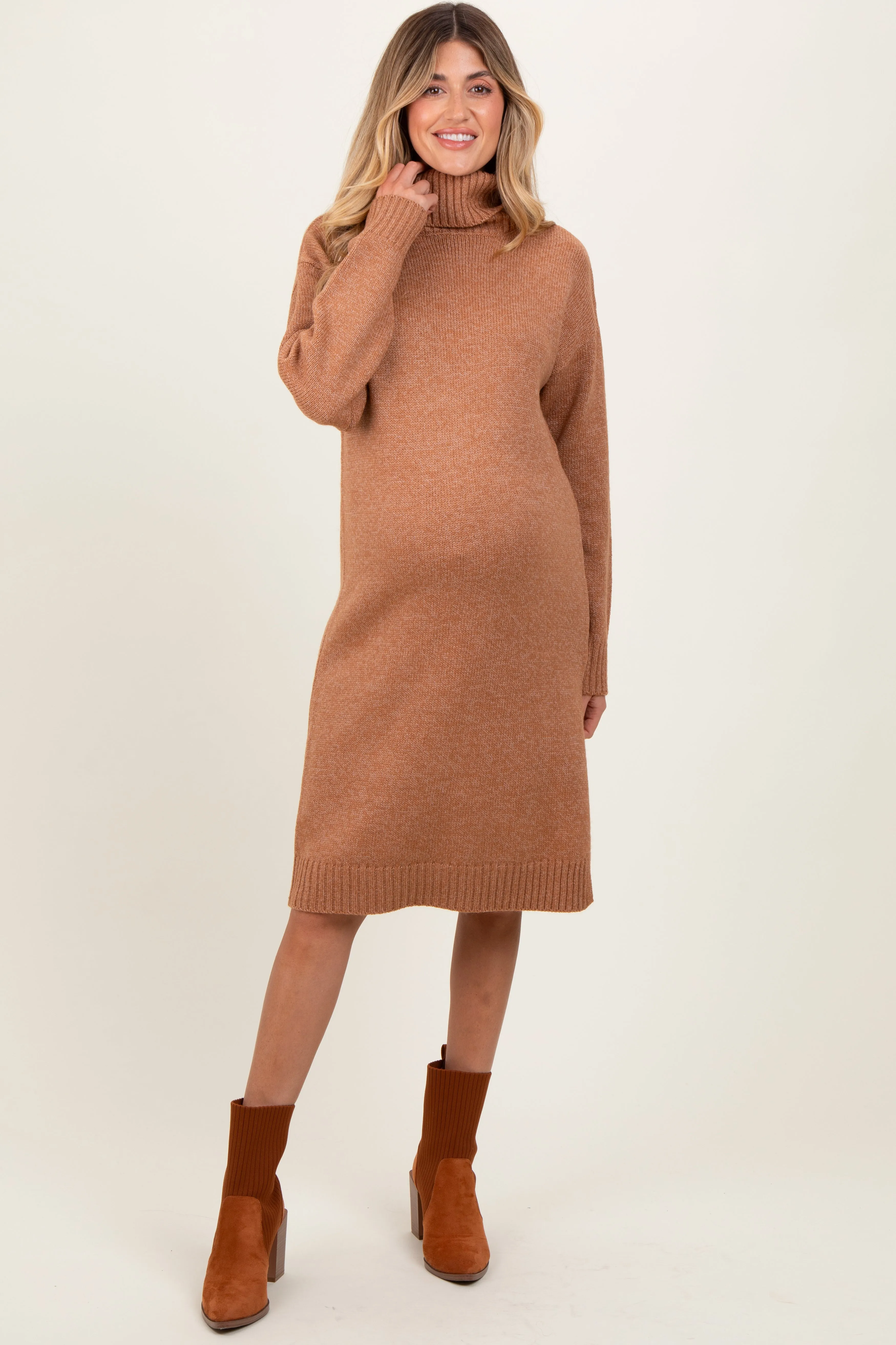 Camel Turtleneck Side Slit Maternity Midi Sweater Dress sold by Pinkblush