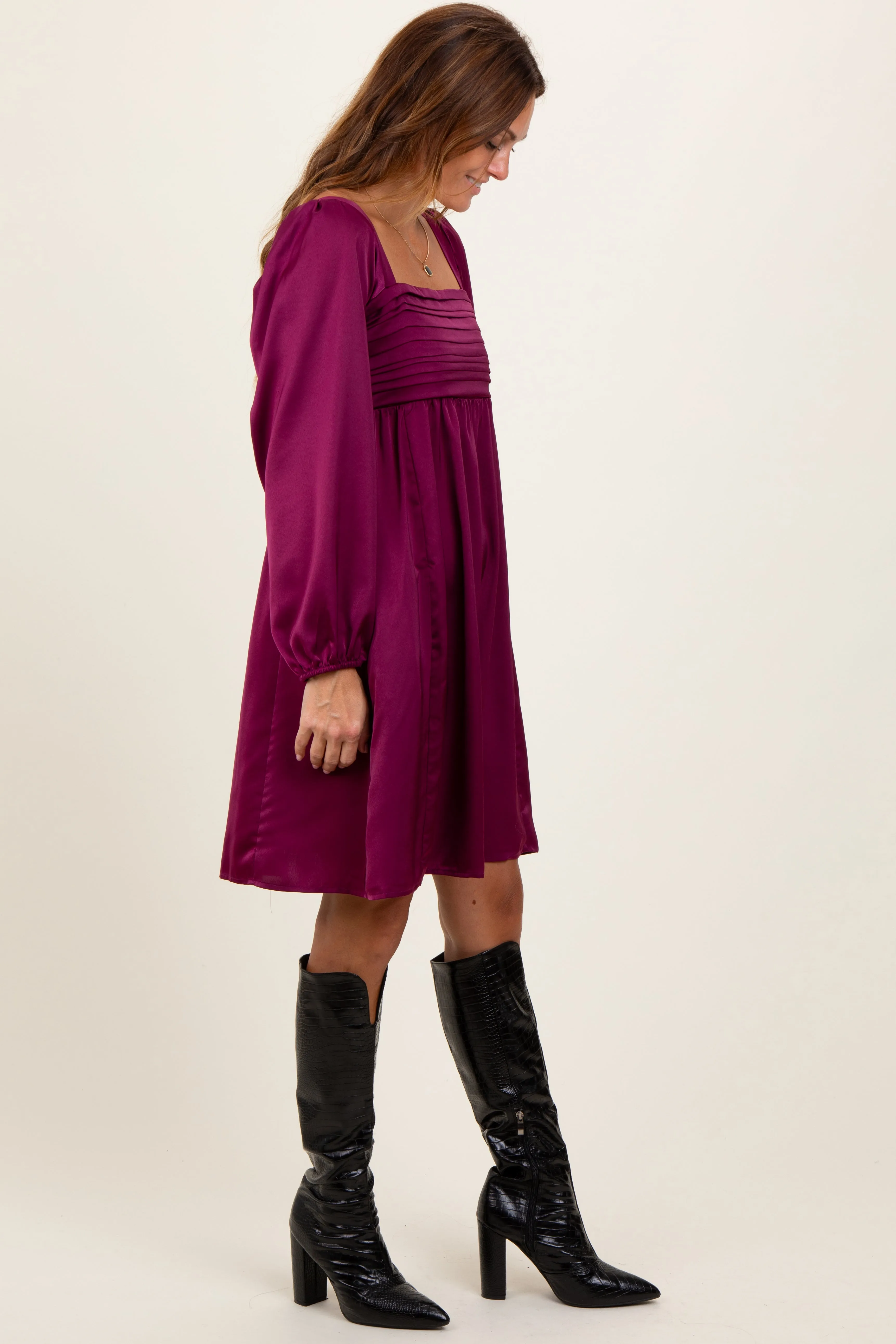 Plum Satin Pleated Detail Bodice Dress sold by Pinkblush product image thumbnail 3
