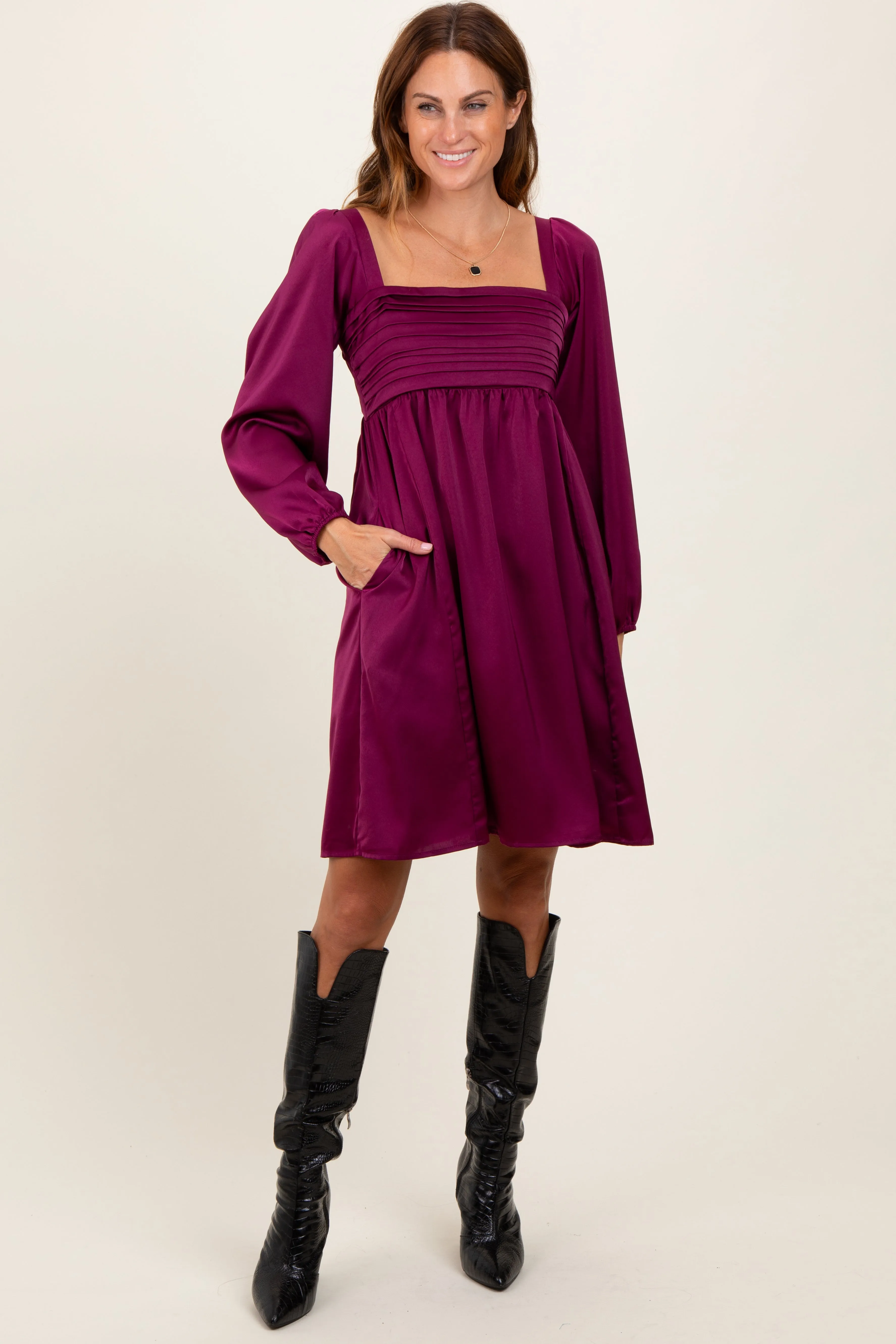 Plum Satin Pleated Detail Bodice Dress sold by Pinkblush