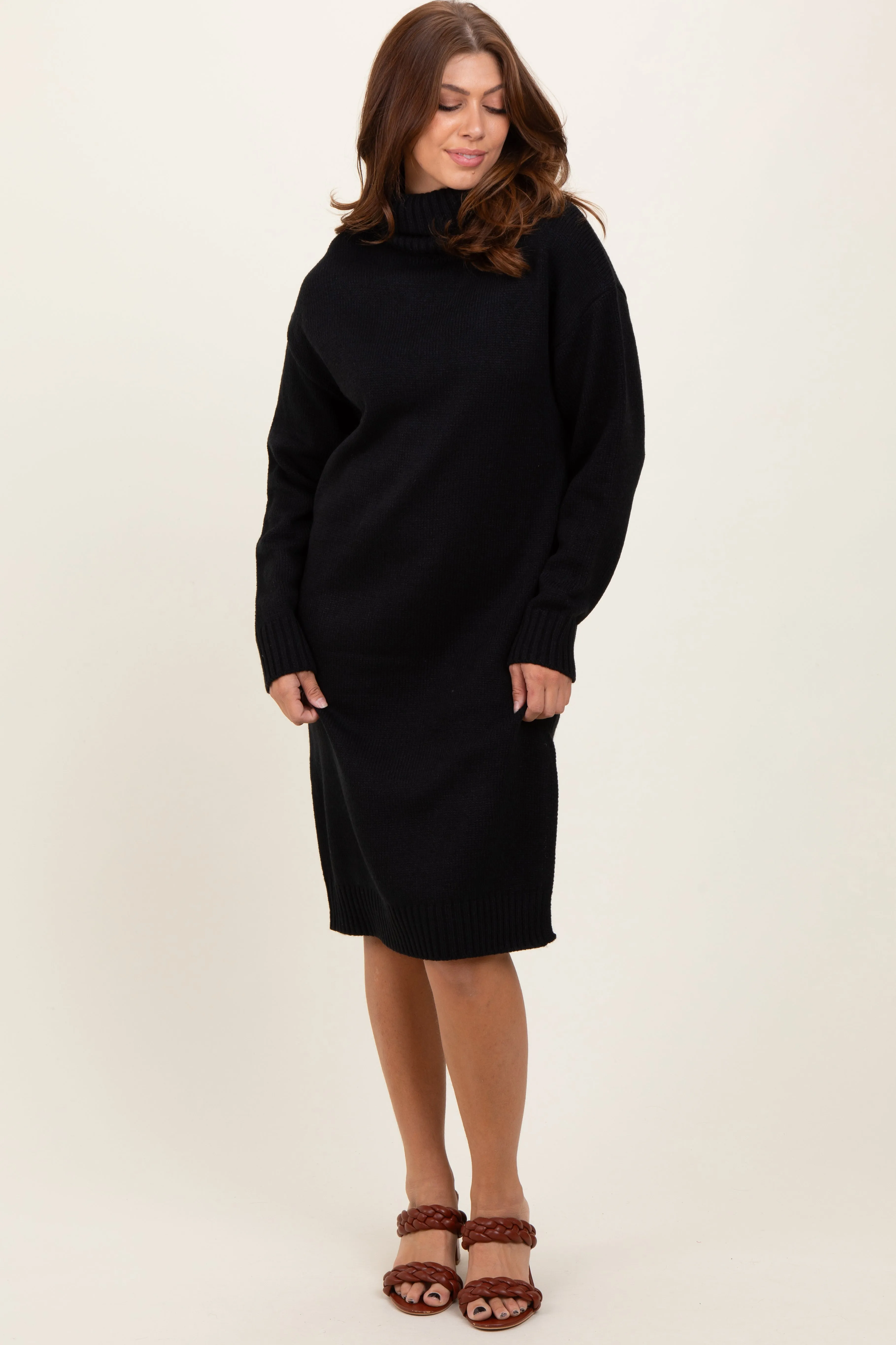Black Turtleneck Side Slit Midi Sweater Dress sold by Pinkblush product image thumbnail 2