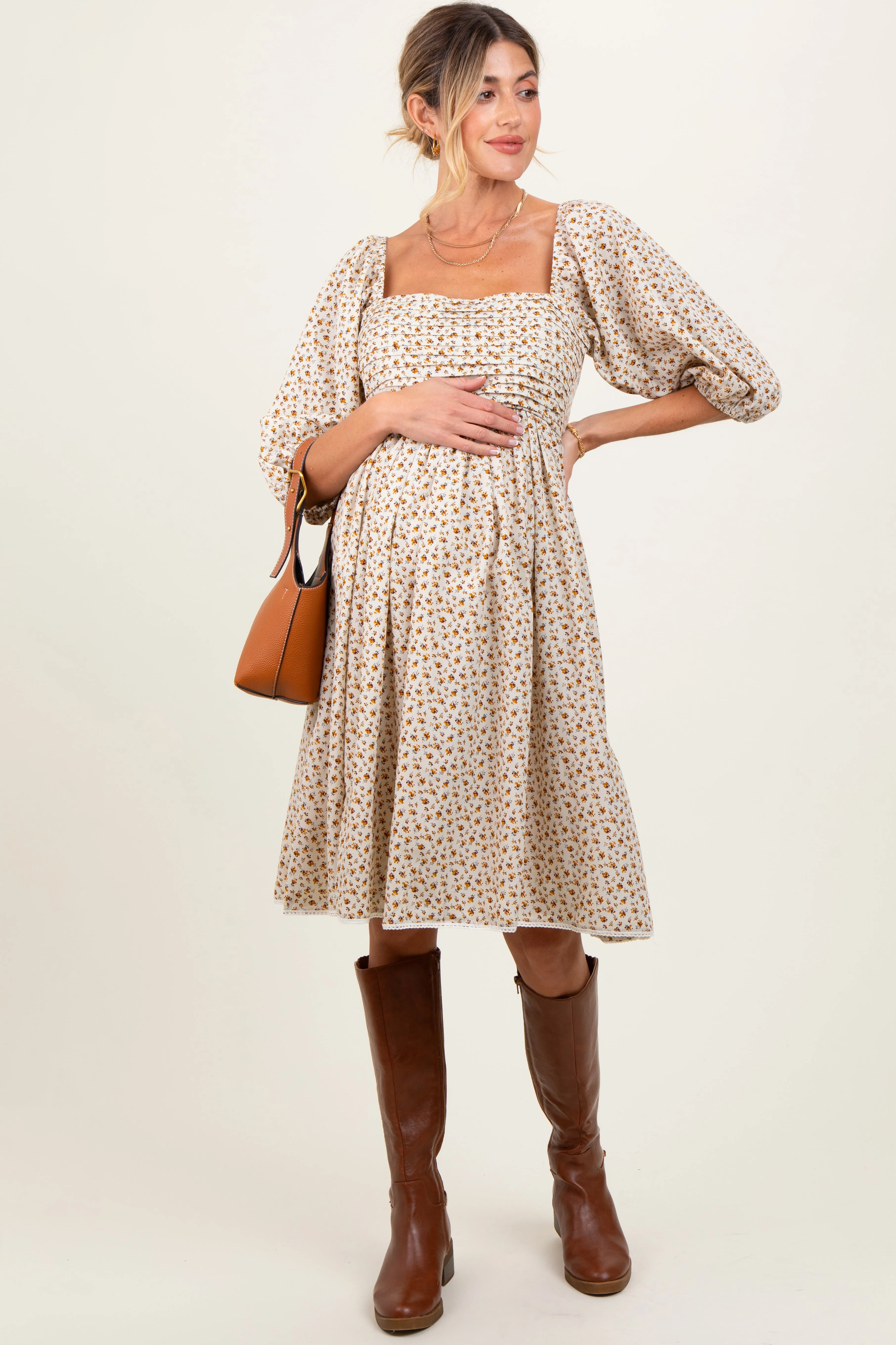 Cream Floral Pleated Bodice Lace Trim Maternity Midi Dress sold by Pinkblush