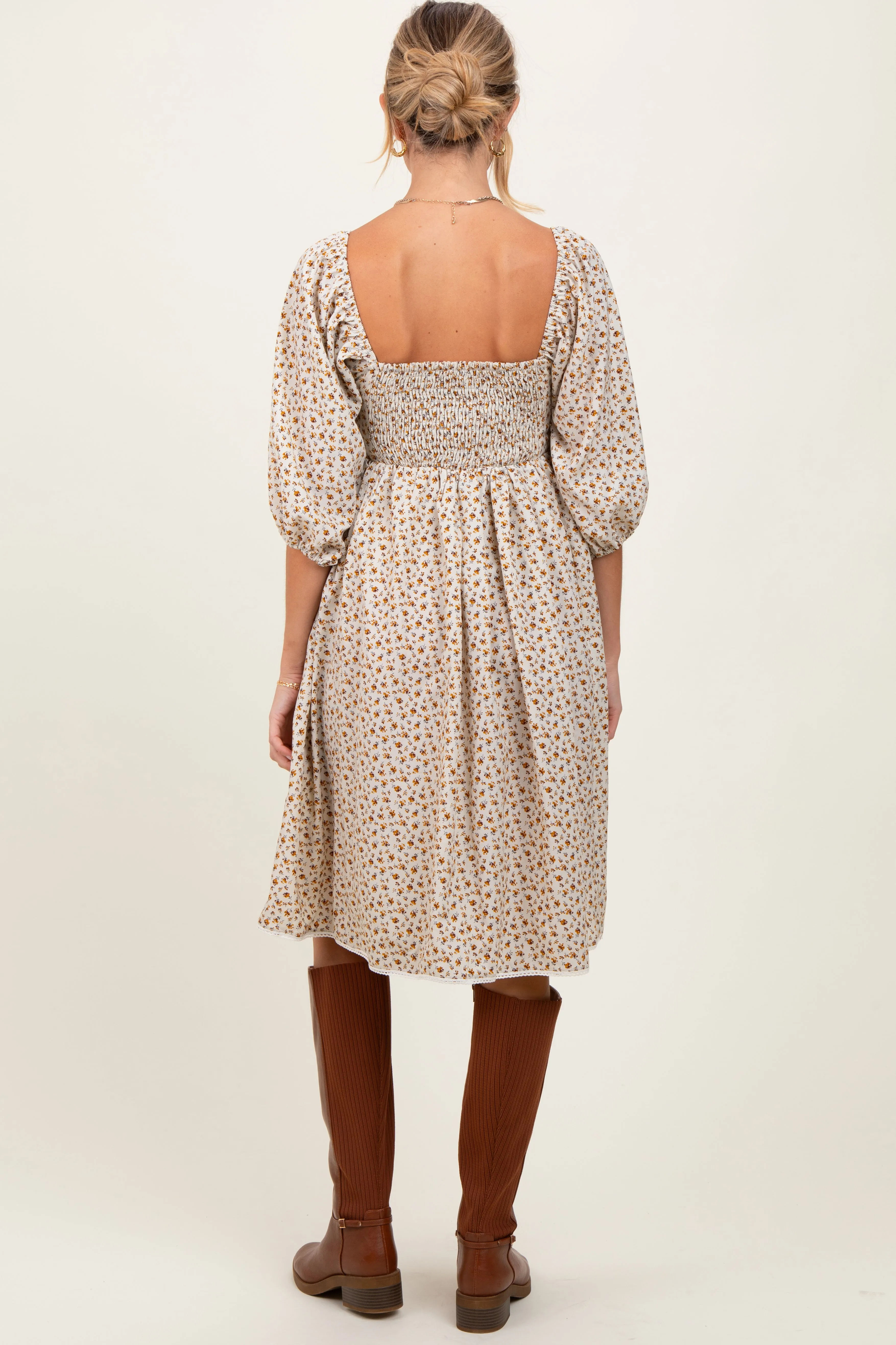 Cream Floral Pleated Bodice Lace Trim Maternity Midi Dress sold by Pinkblush product image thumbnail 2