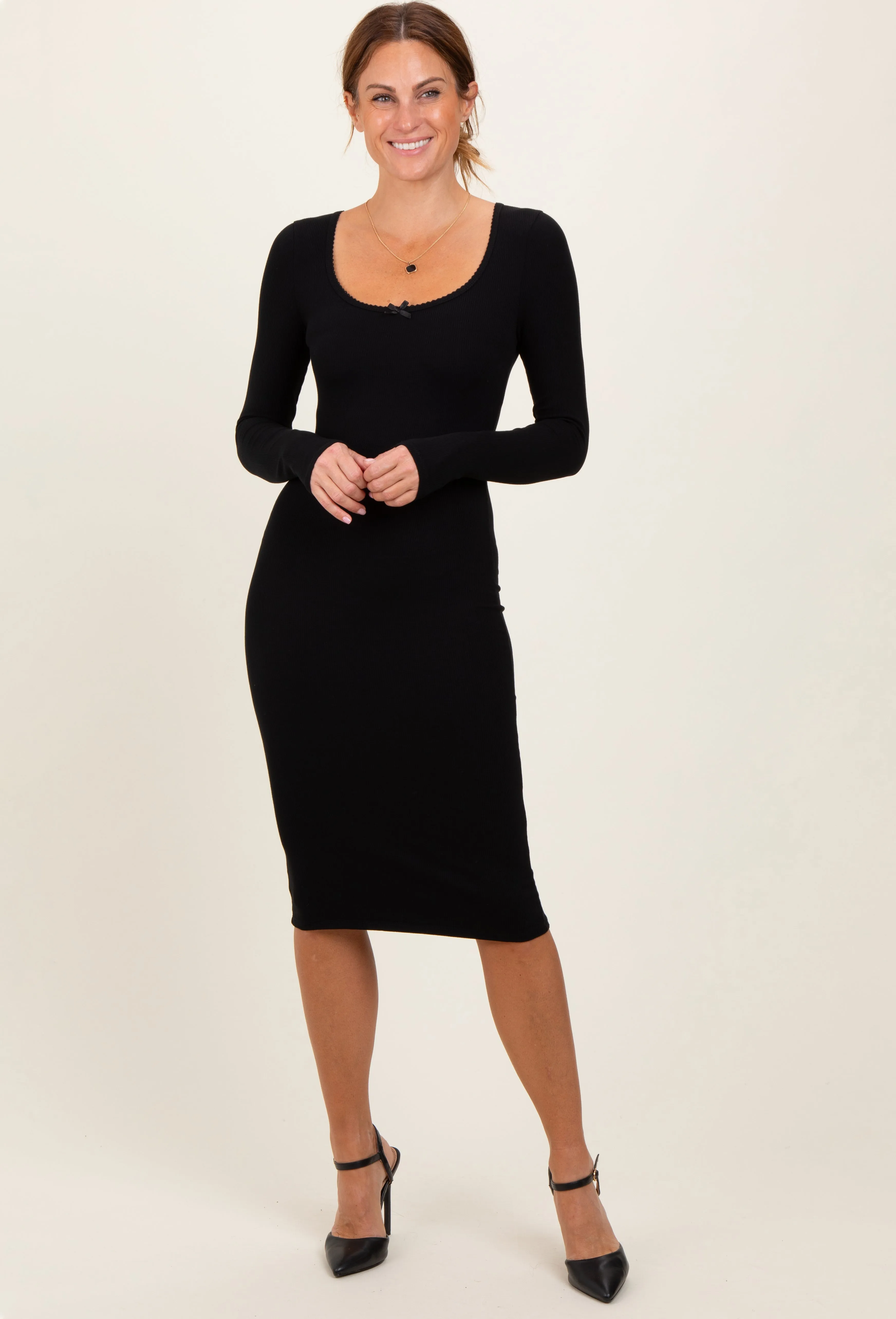 Black Bow Trim Neckline Long Sleeve Midi Dress sold by Pinkblush product image thumbnail 2