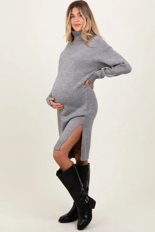 Heather Grey Turtleneck Side Slit Maternity Midi Sweater Dress sold by Pinkblush