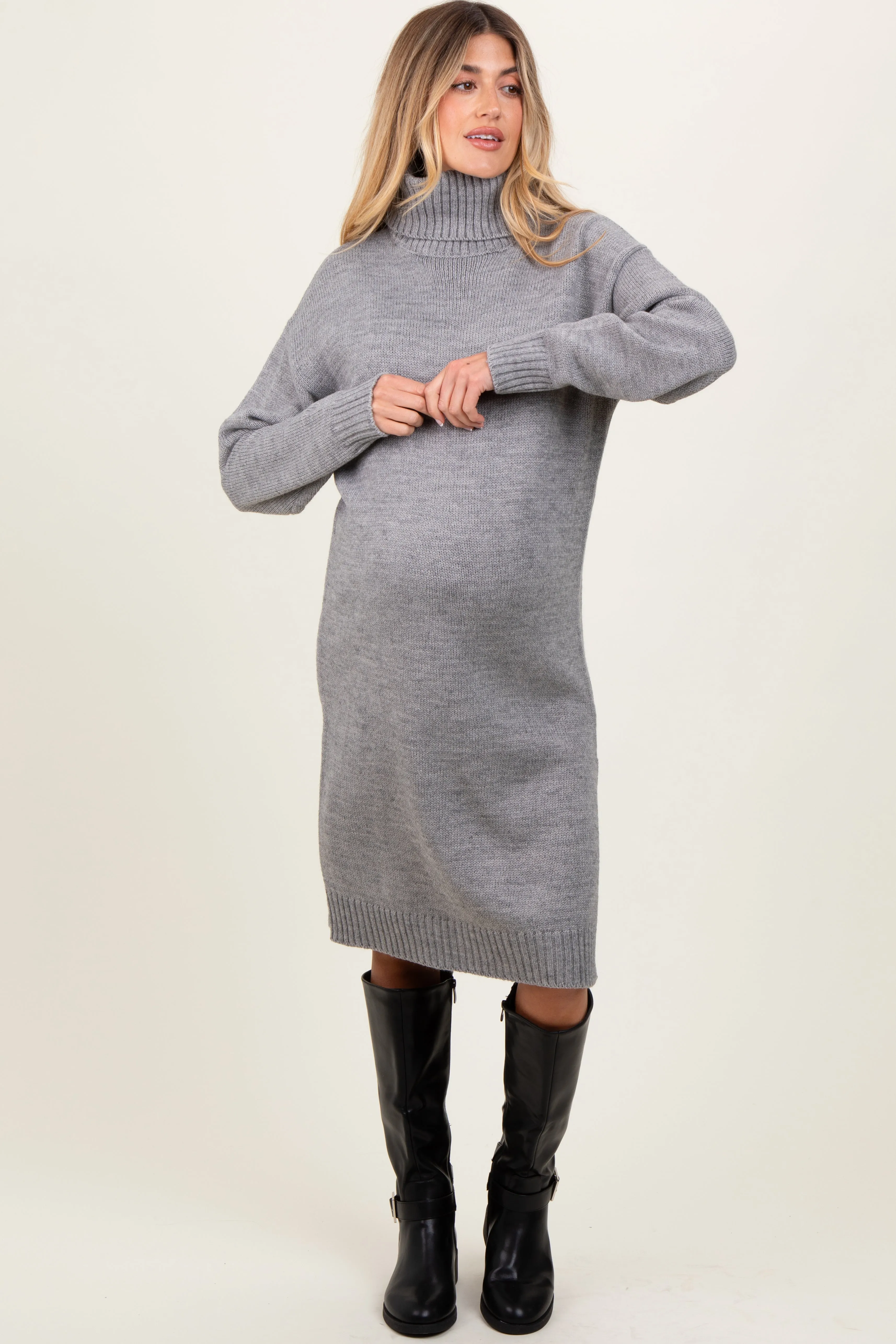 Heather Grey Turtleneck Side Slit Maternity Midi Sweater Dress sold by Pinkblush product image thumbnail 2