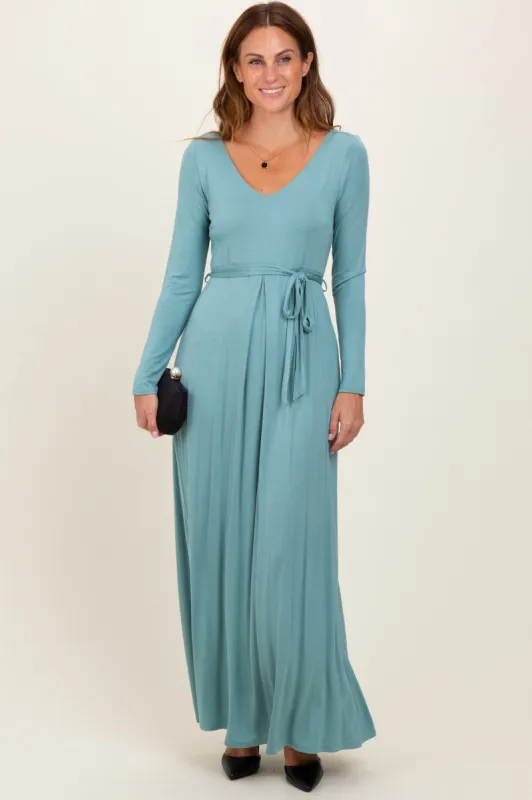 Light Olive V-Neck Long Sleeve Sash Tie Maxi Dress sold by Pinkblush