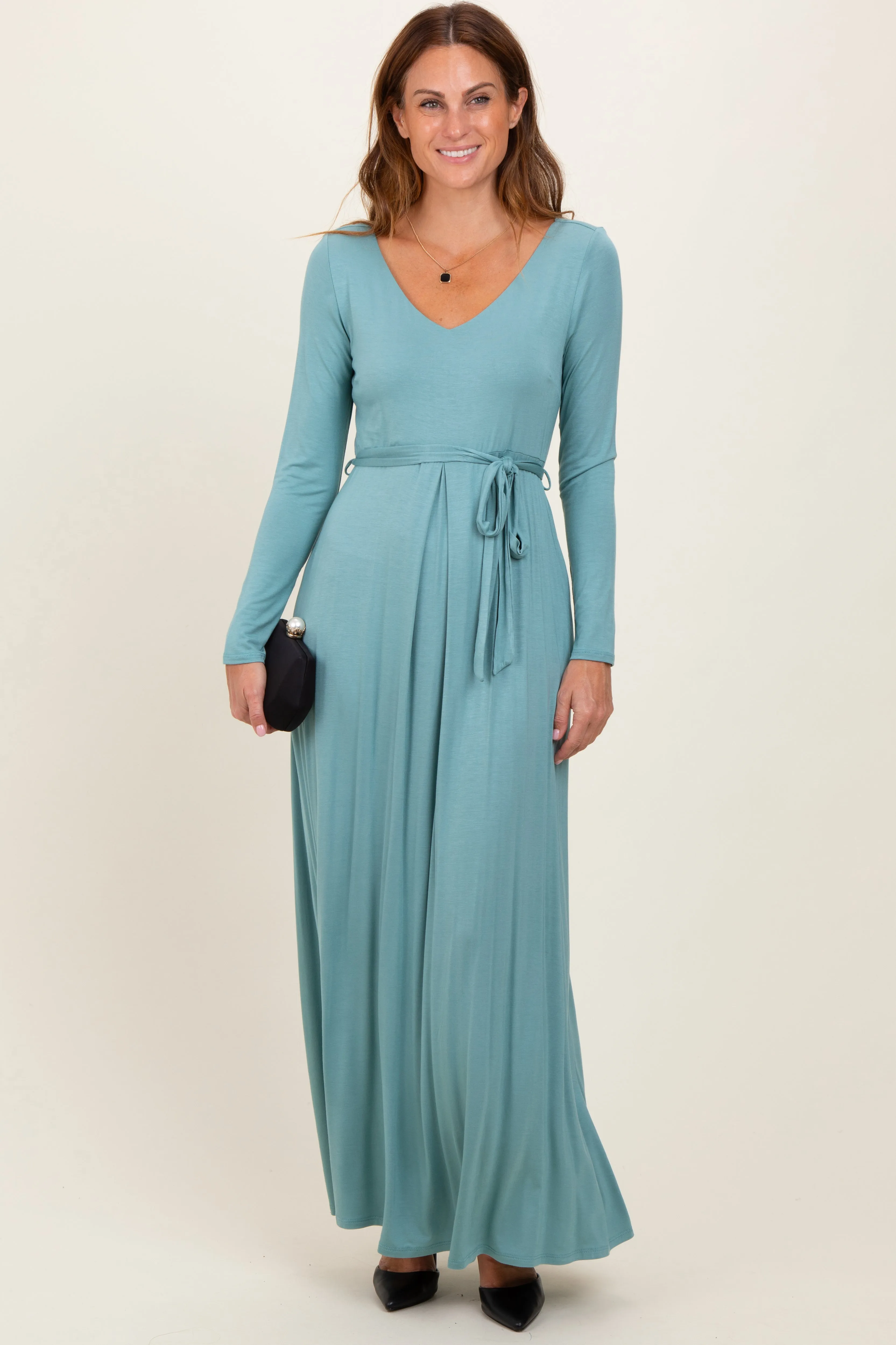 Light Olive V-Neck Long Sleeve Sash Tie Maxi Dress sold by Pinkblush