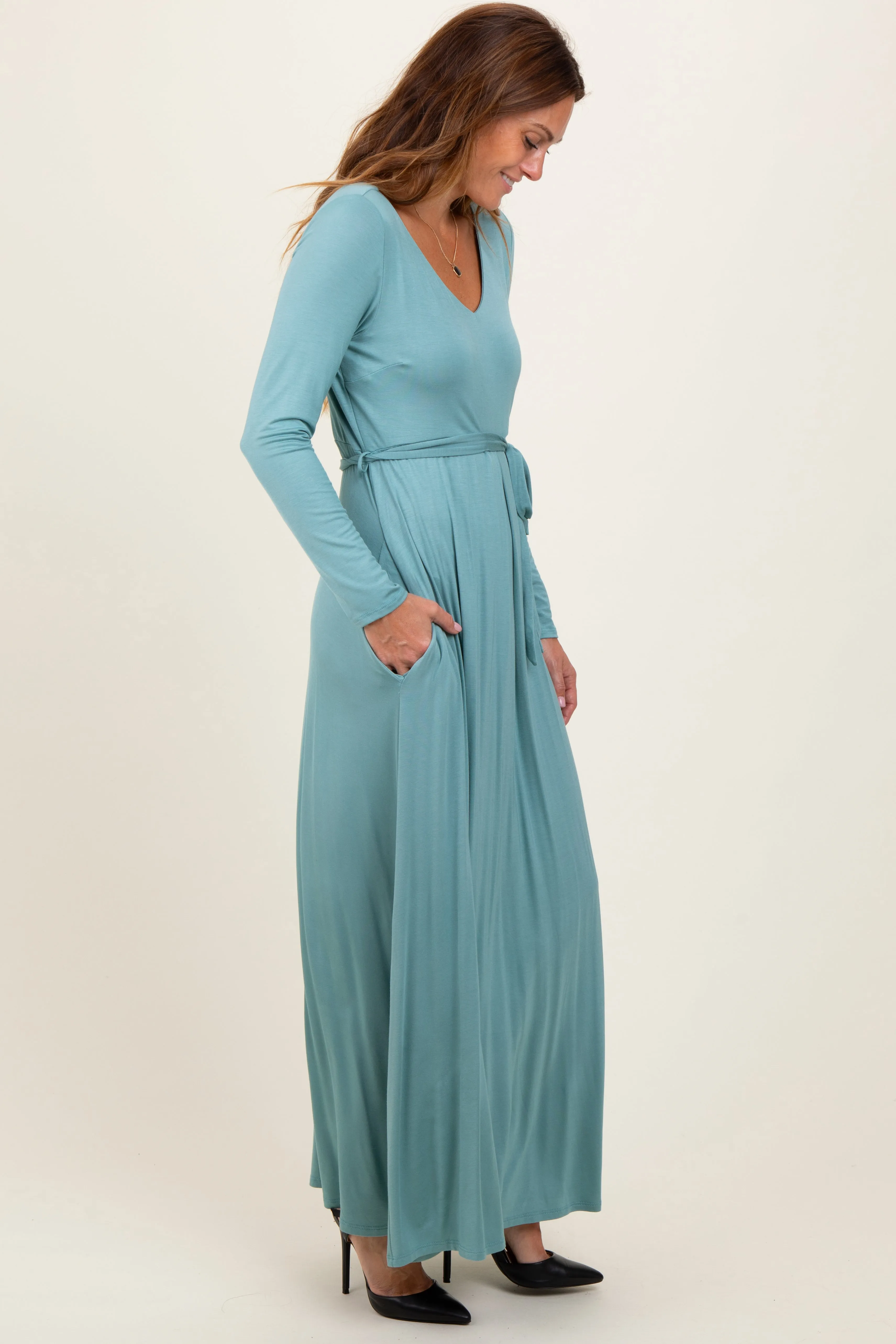 Light Olive V-Neck Long Sleeve Sash Tie Maxi Dress sold by Pinkblush product image thumbnail 2