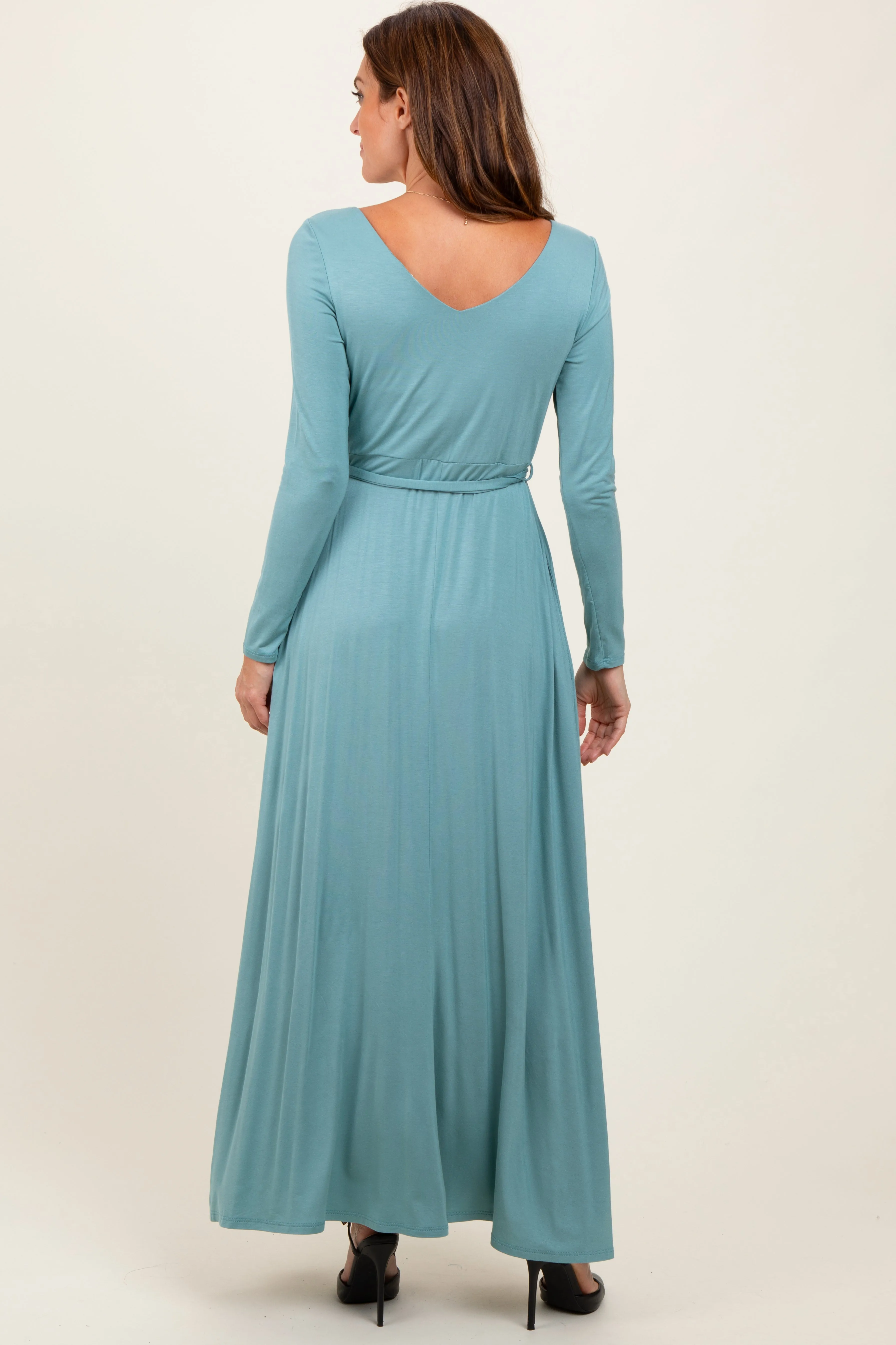 Light Olive V-Neck Long Sleeve Sash Tie Maxi Dress sold by Pinkblush product image thumbnail 3