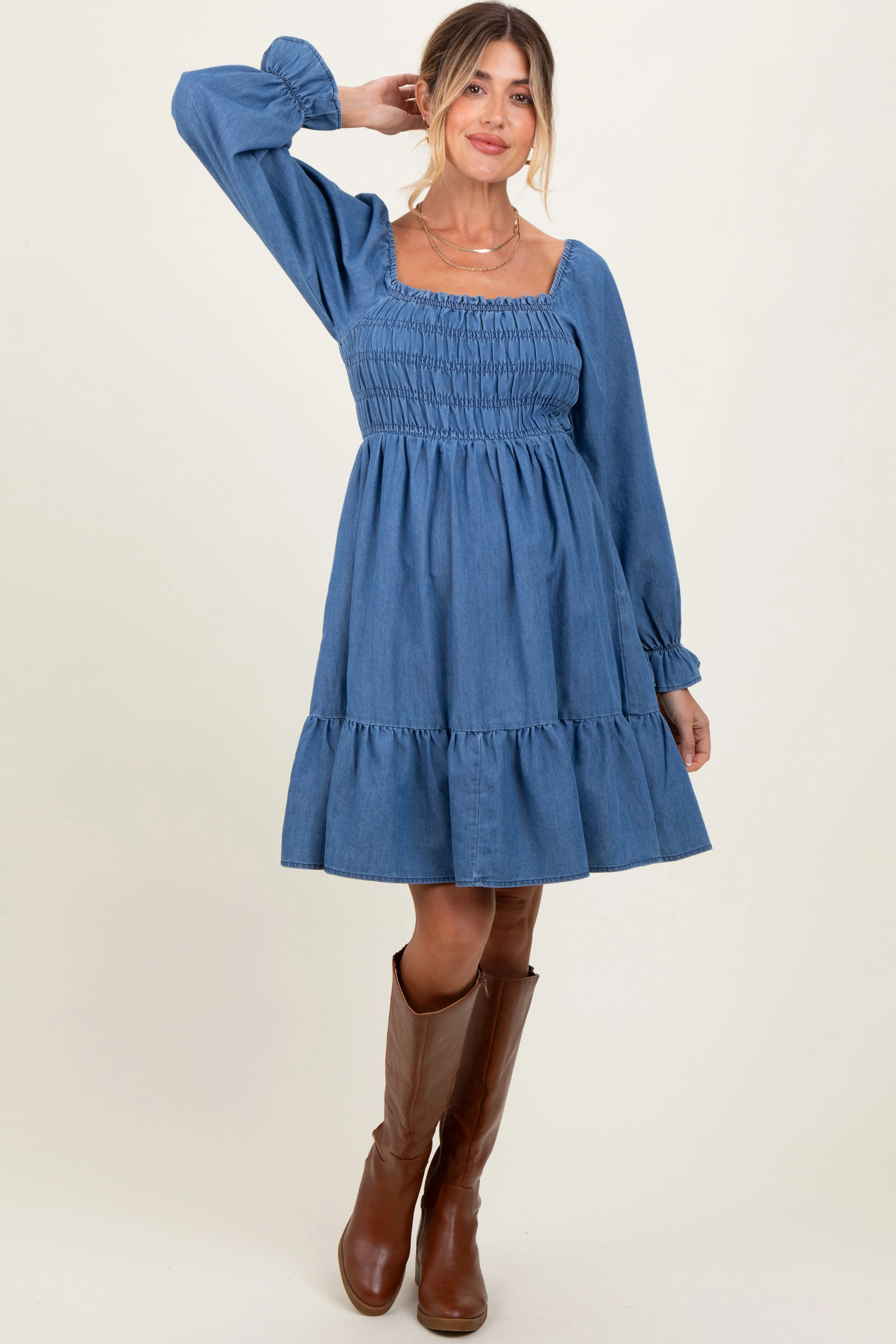 Blue Vintage Wash Chambray Smocked Maternity Midi Dress sold by Pinkblush product image thumbnail 2