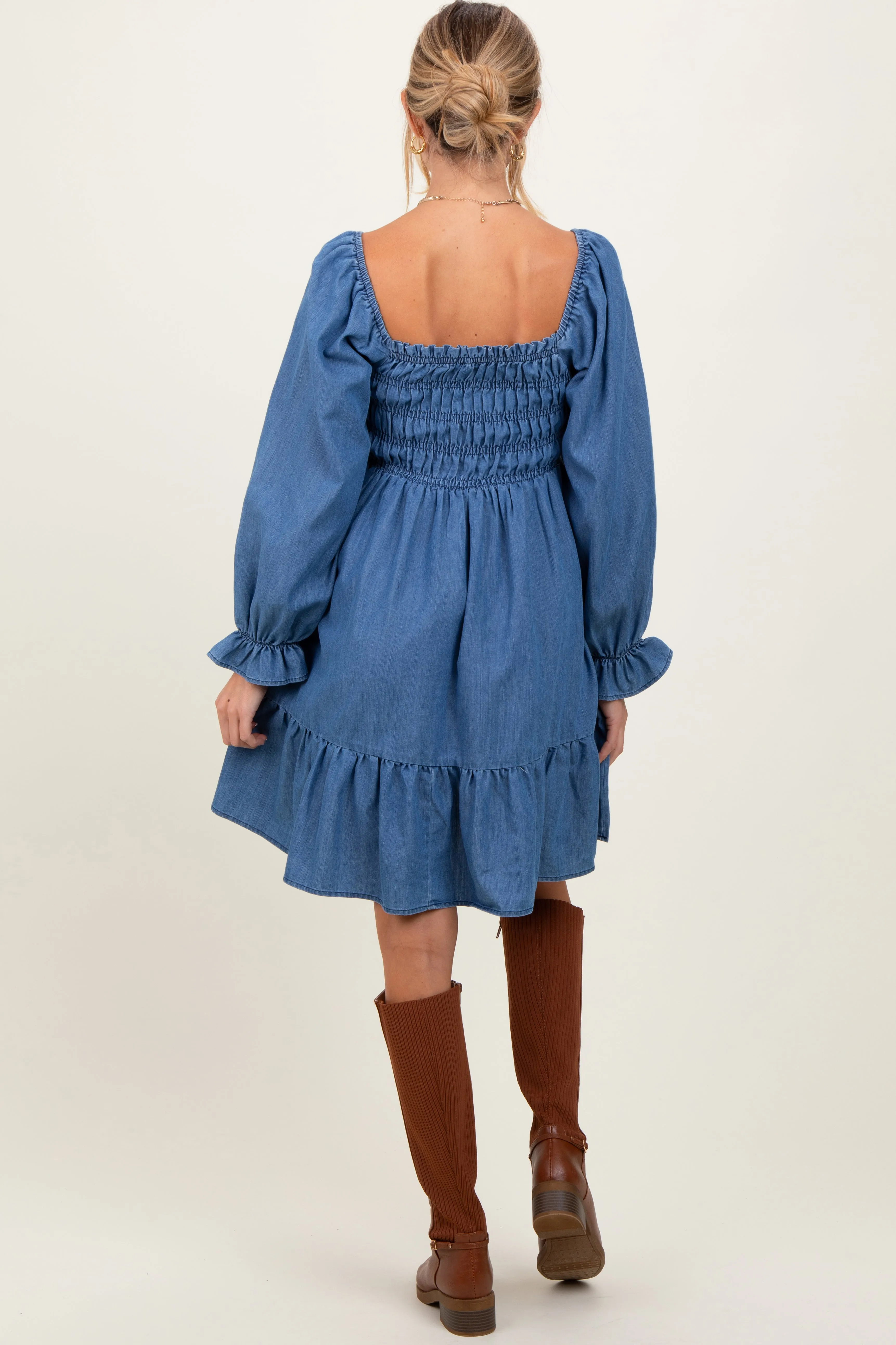 Blue Vintage Wash Chambray Smocked Maternity Midi Dress sold by Pinkblush product image thumbnail 4