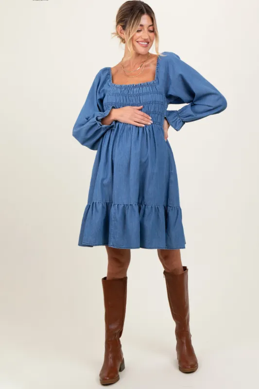 Blue Vintage Wash Chambray Smocked Maternity Midi Dress sold by Pinkblush