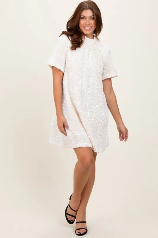 Cream Sequin Mock Neck Tie Back Dress sold by Pinkblush