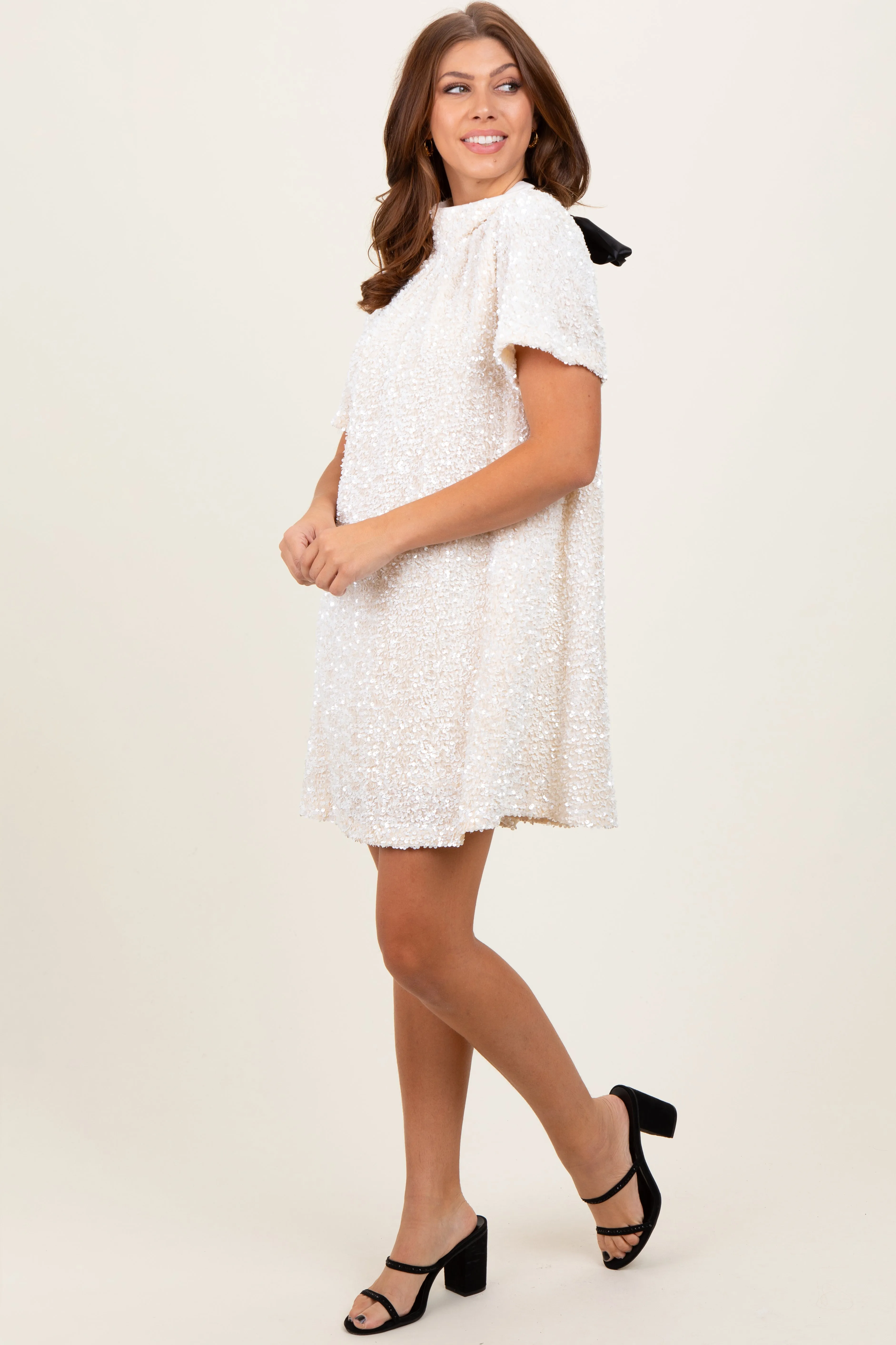 Cream Sequin Mock Neck Tie Back Dress sold by Pinkblush product image thumbnail 2