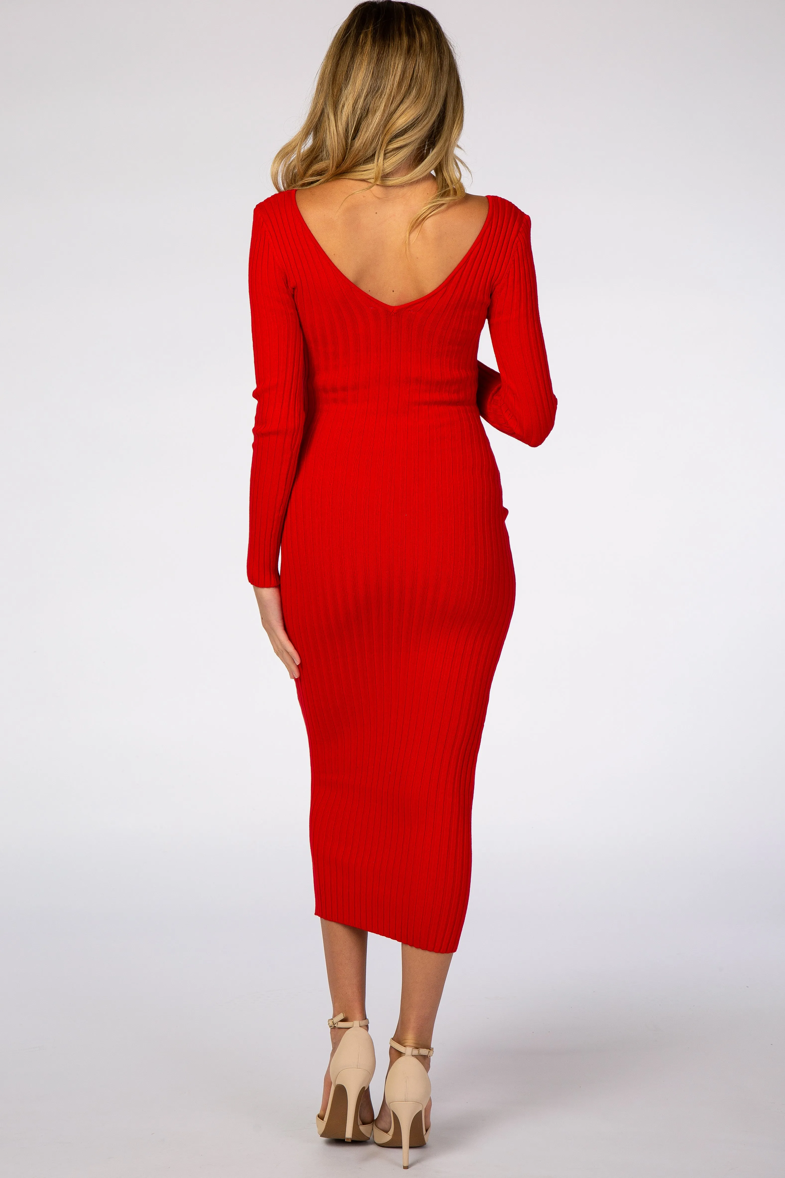 Red V-Neck Long Sleeve Fitted Maternity Maxi Dress sold by Pinkblush product image thumbnail 3