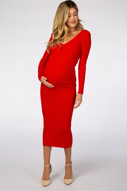 Red V-Neck Long Sleeve Fitted Maternity Maxi Dress sold by Pinkblush