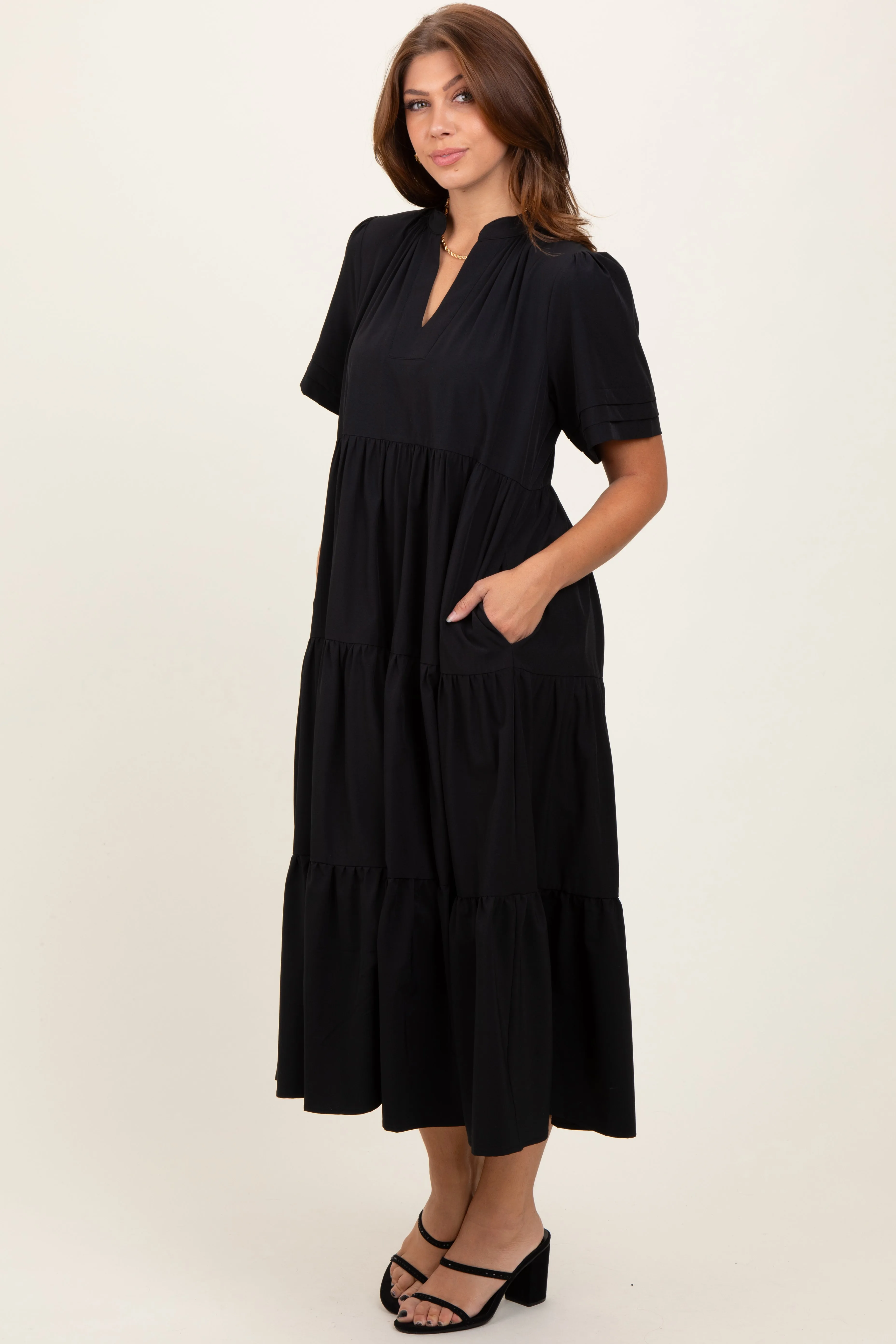 Black V-Neck Tiered Midi Dress sold by Pinkblush product image thumbnail 3