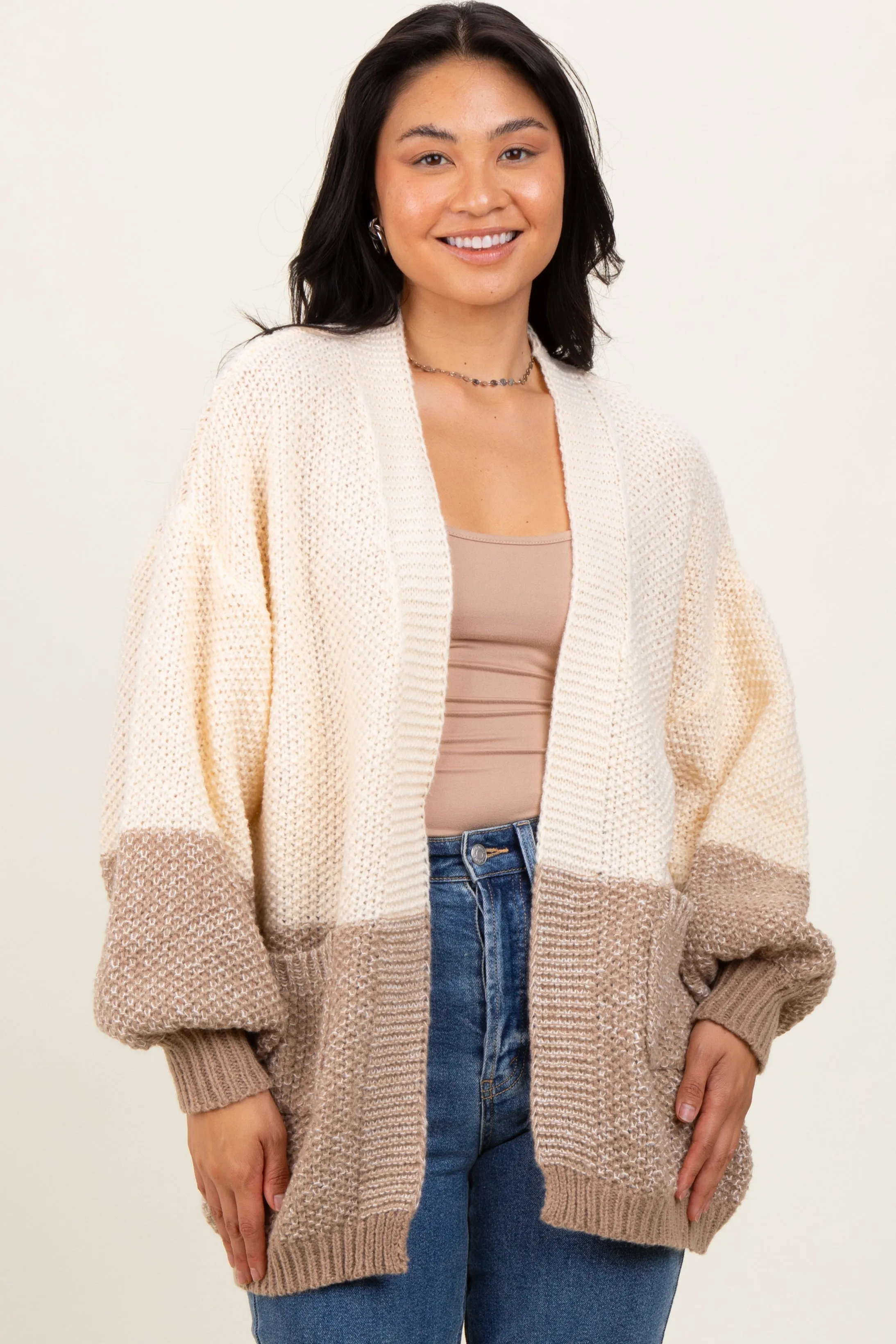 Cream Colorblock Bubble Sleeve Knit Cardigan sold by Pinkblush