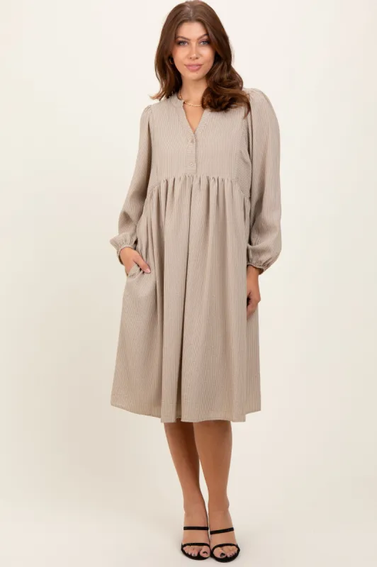 Taupe Pin Stripe Split Neckline Midi Dress sold by Pinkblush