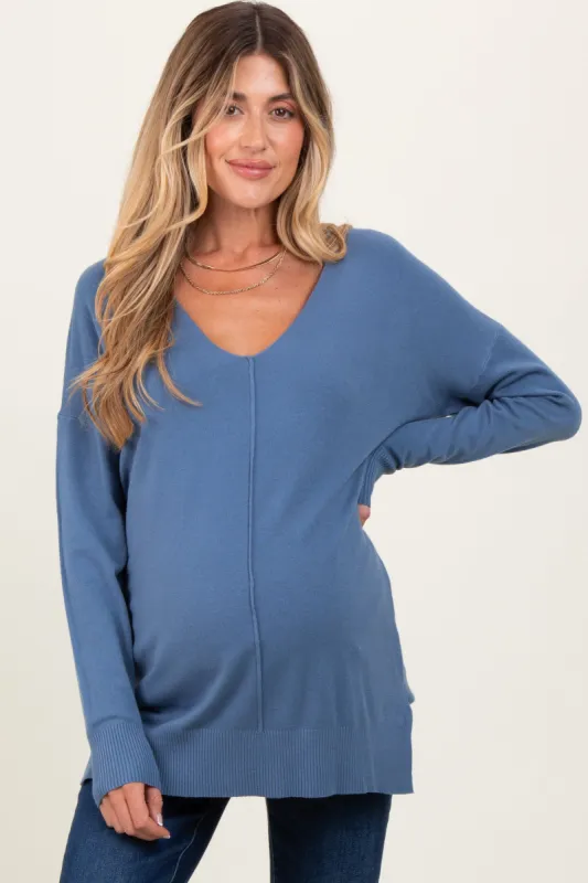 Blue Front Seam V-Neck Side Slit Maternity Sweater sold by Pinkblush