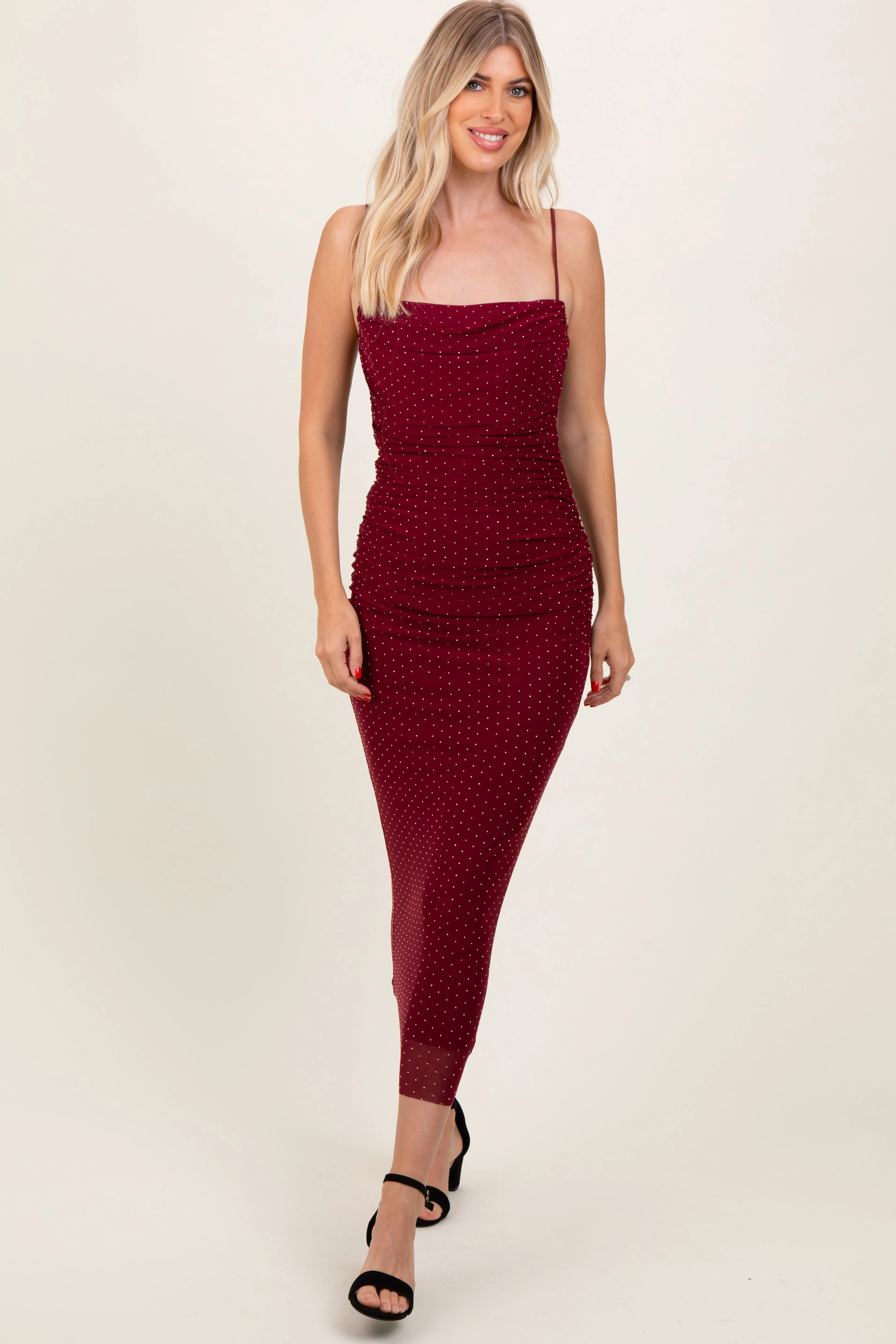 Burgundy Rhinestone Fitted Ruched Maxi Dress sold by Pinkblush product image thumbnail 4