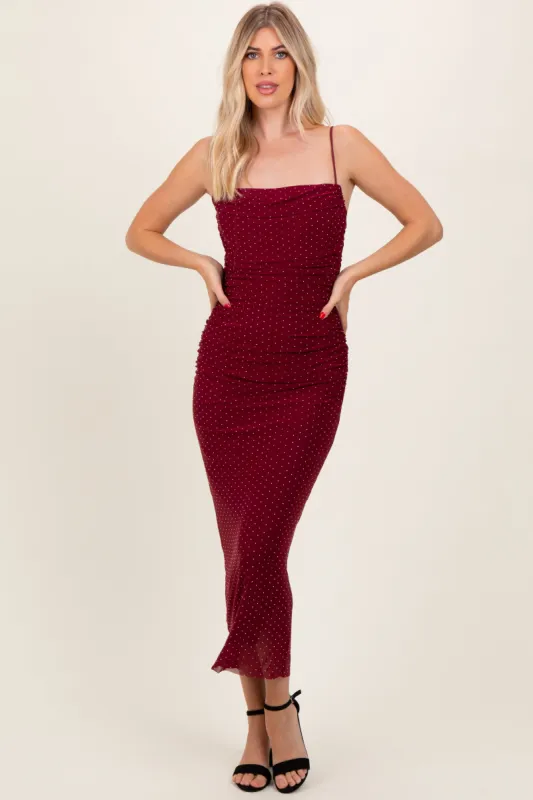 Burgundy Rhinestone Fitted Ruched Maxi Dress sold by Pinkblush