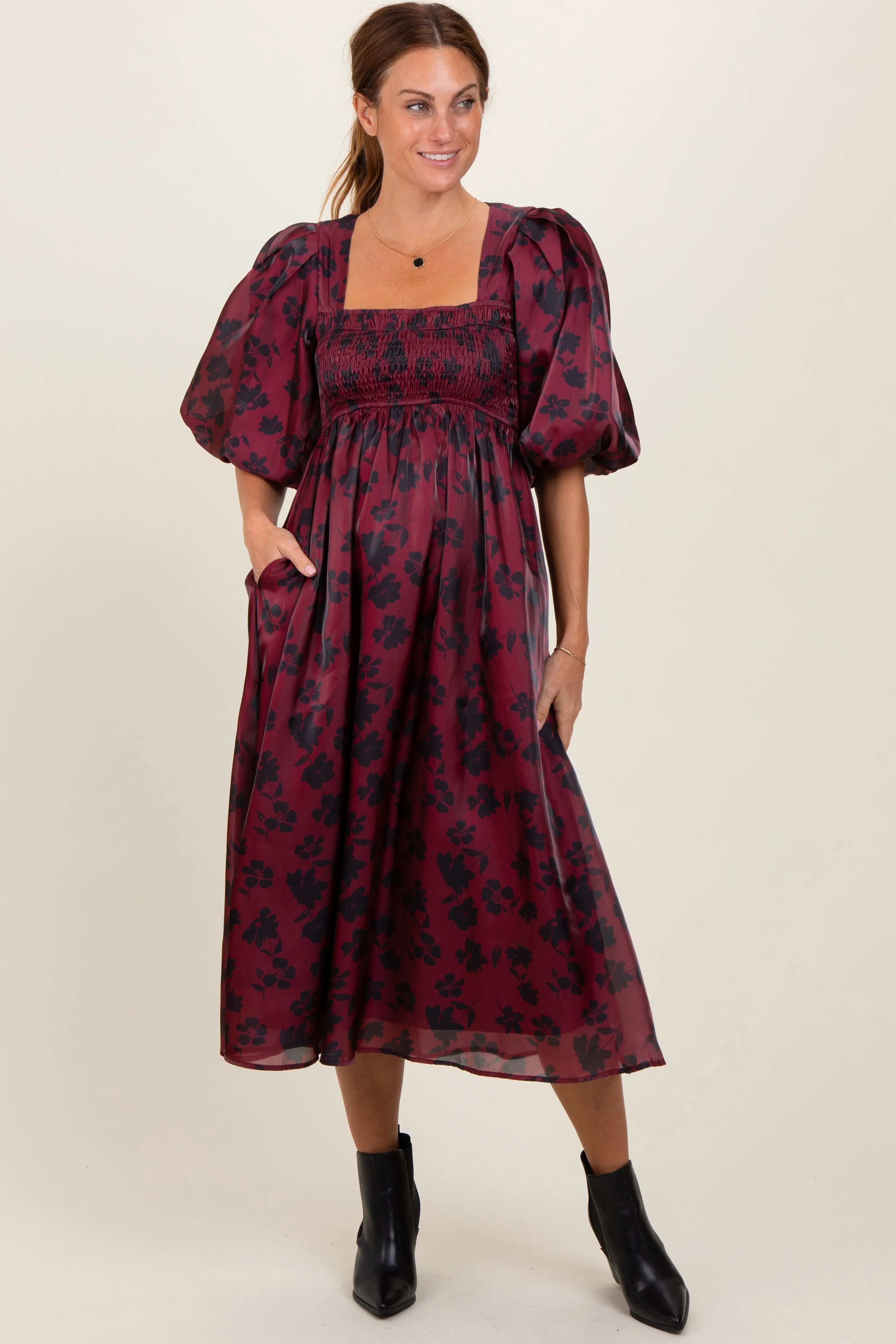 Burgundy Satin Floral Smocked Midi Dress sold by Pinkblush