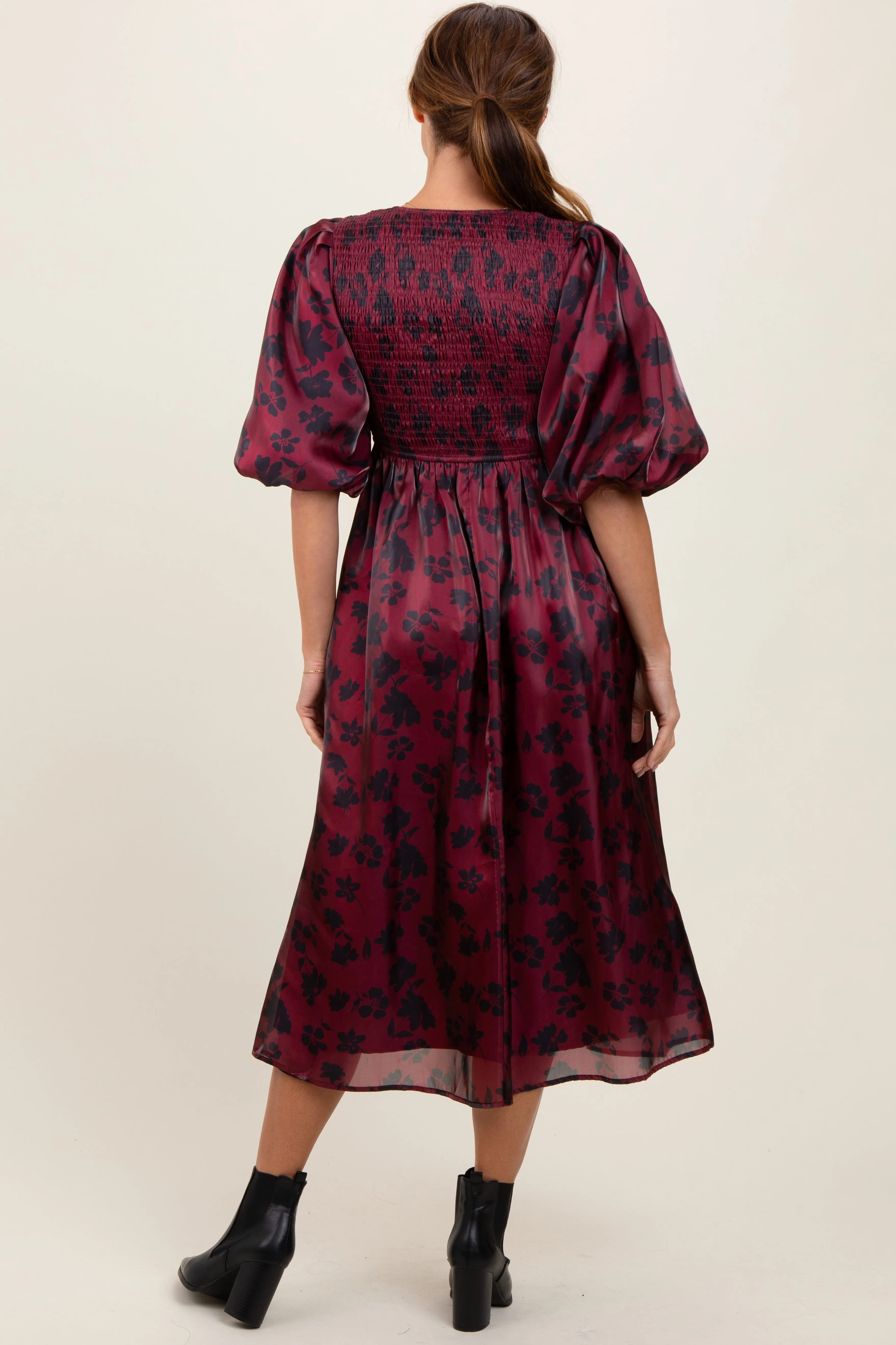 Burgundy Satin Floral Smocked Midi Dress sold by Pinkblush product image thumbnail 3