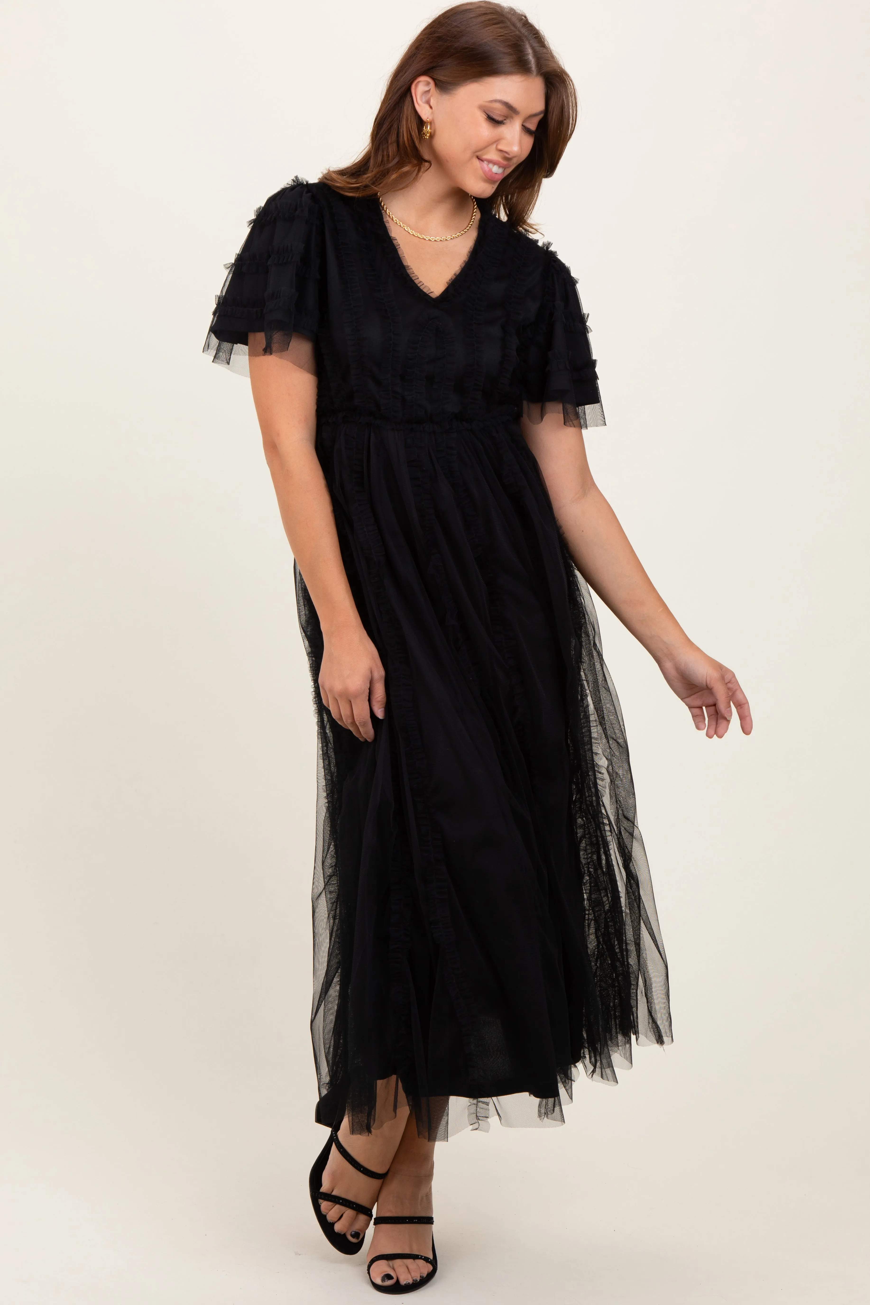 Black Ruffle Accent Mesh Overlay Maxi Dress sold by Pinkblush product image thumbnail 2