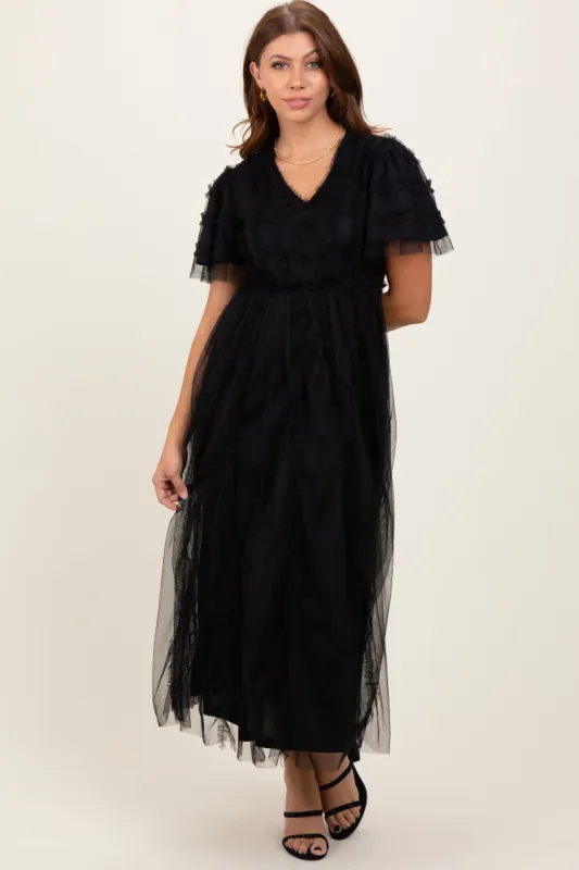 Black Ruffle Accent Mesh Overlay Maxi Dress sold by Pinkblush