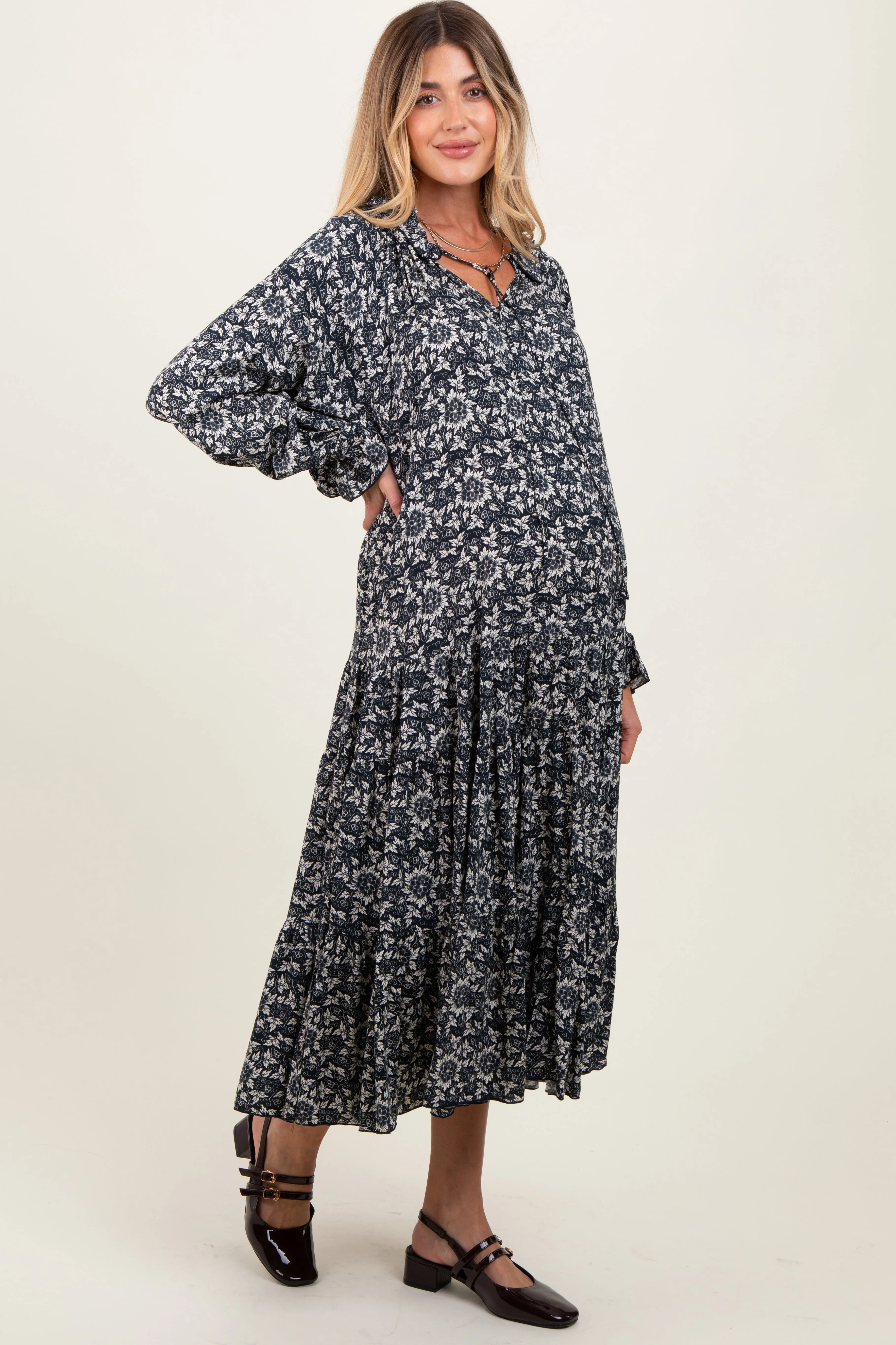Navy Blue Floral Tie Neckline Tiered Maternity Maxi Dress sold by Pinkblush product image thumbnail 2