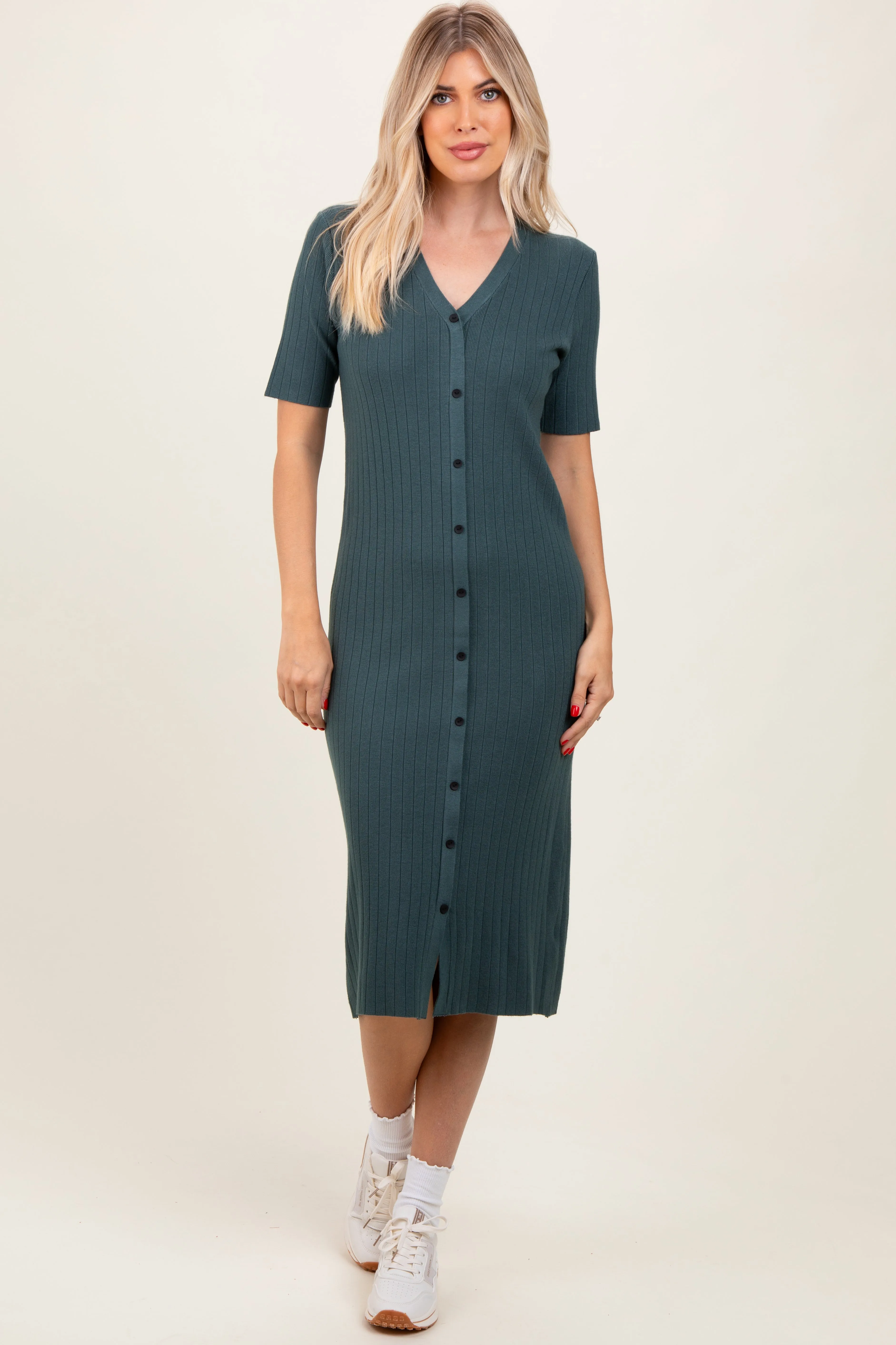 Forest Green Button Down Sweater Midi Dress sold by Pinkblush product image thumbnail 4