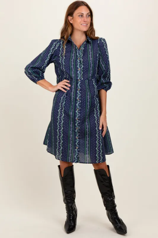 Navy Floral Striped Button Down Midi Dress sold by Pinkblush