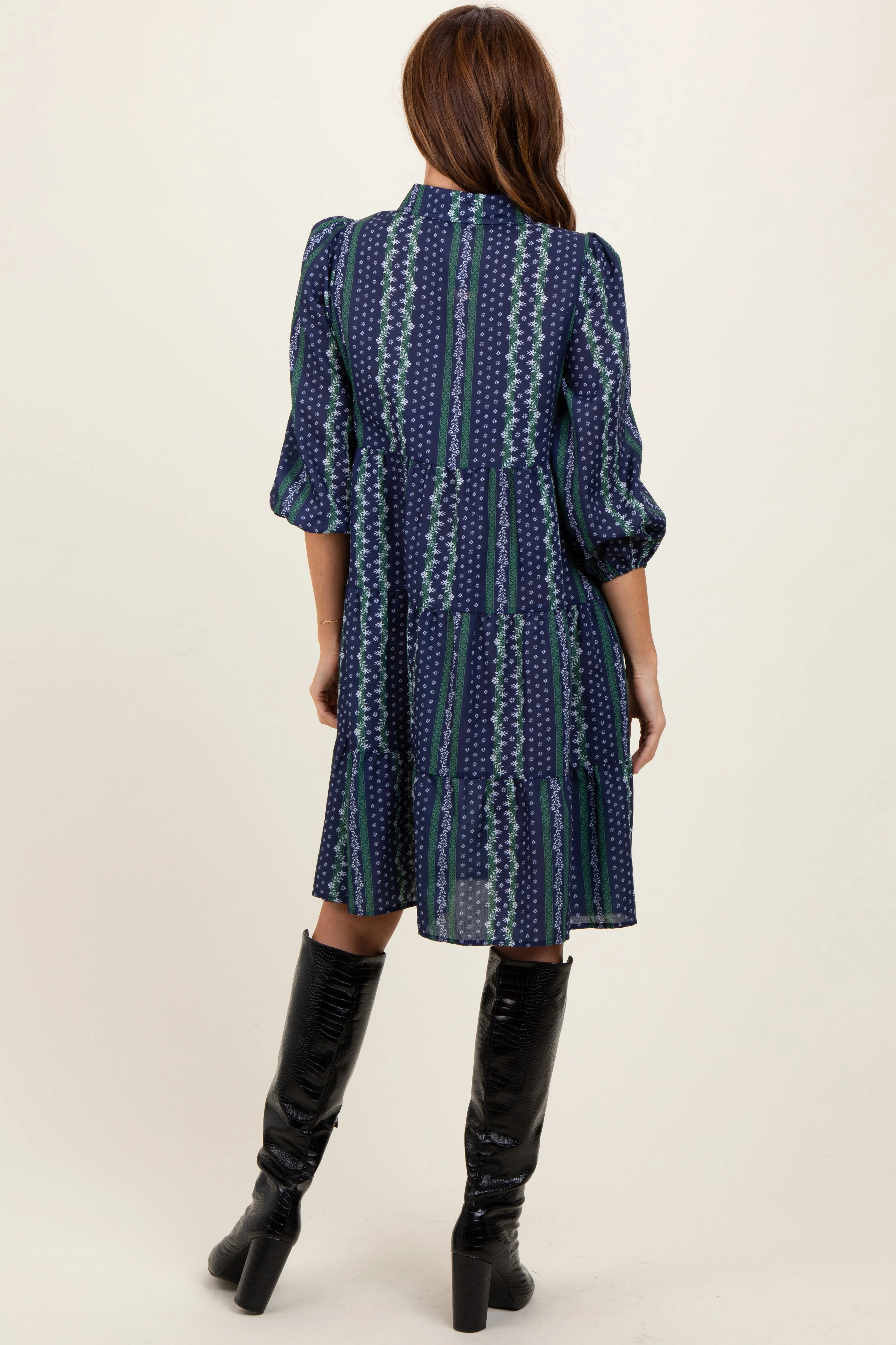 Navy Floral Striped Button Down Midi Dress sold by Pinkblush product image thumbnail 3