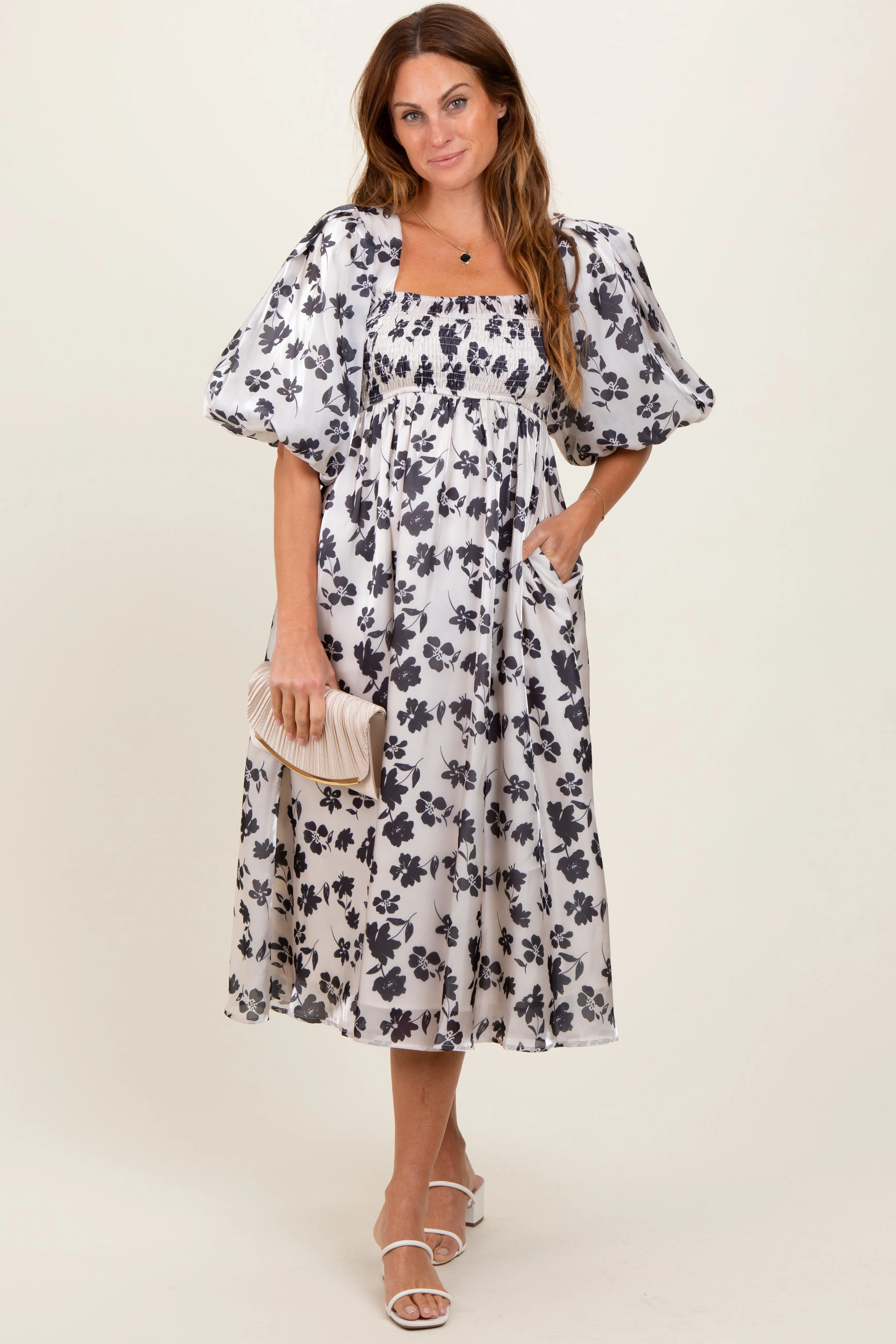 Ivory Satin Floral Smocked Midi Dress sold by Pinkblush product image thumbnail 2