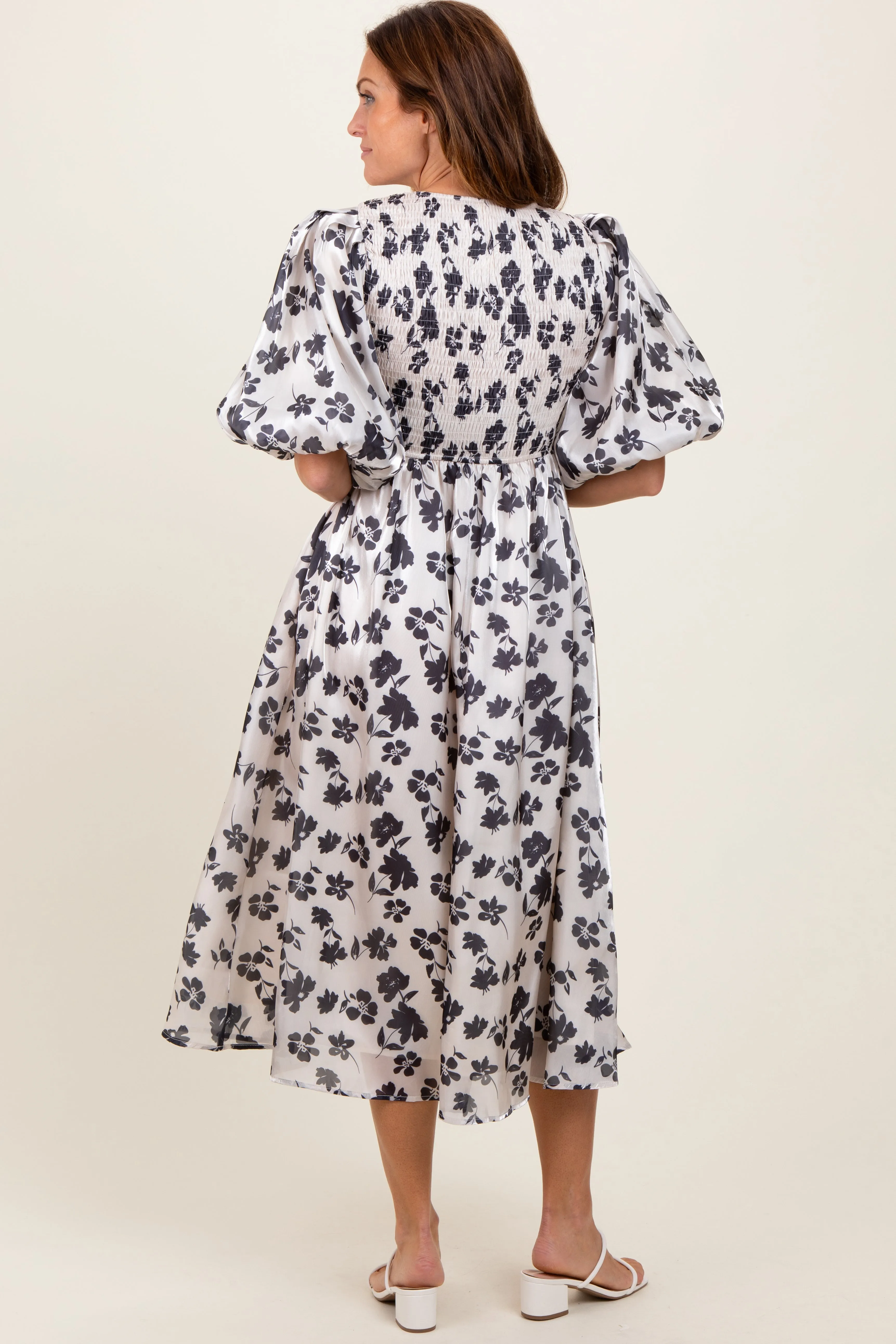 Ivory Satin Floral Smocked Midi Dress sold by Pinkblush product image thumbnail 3