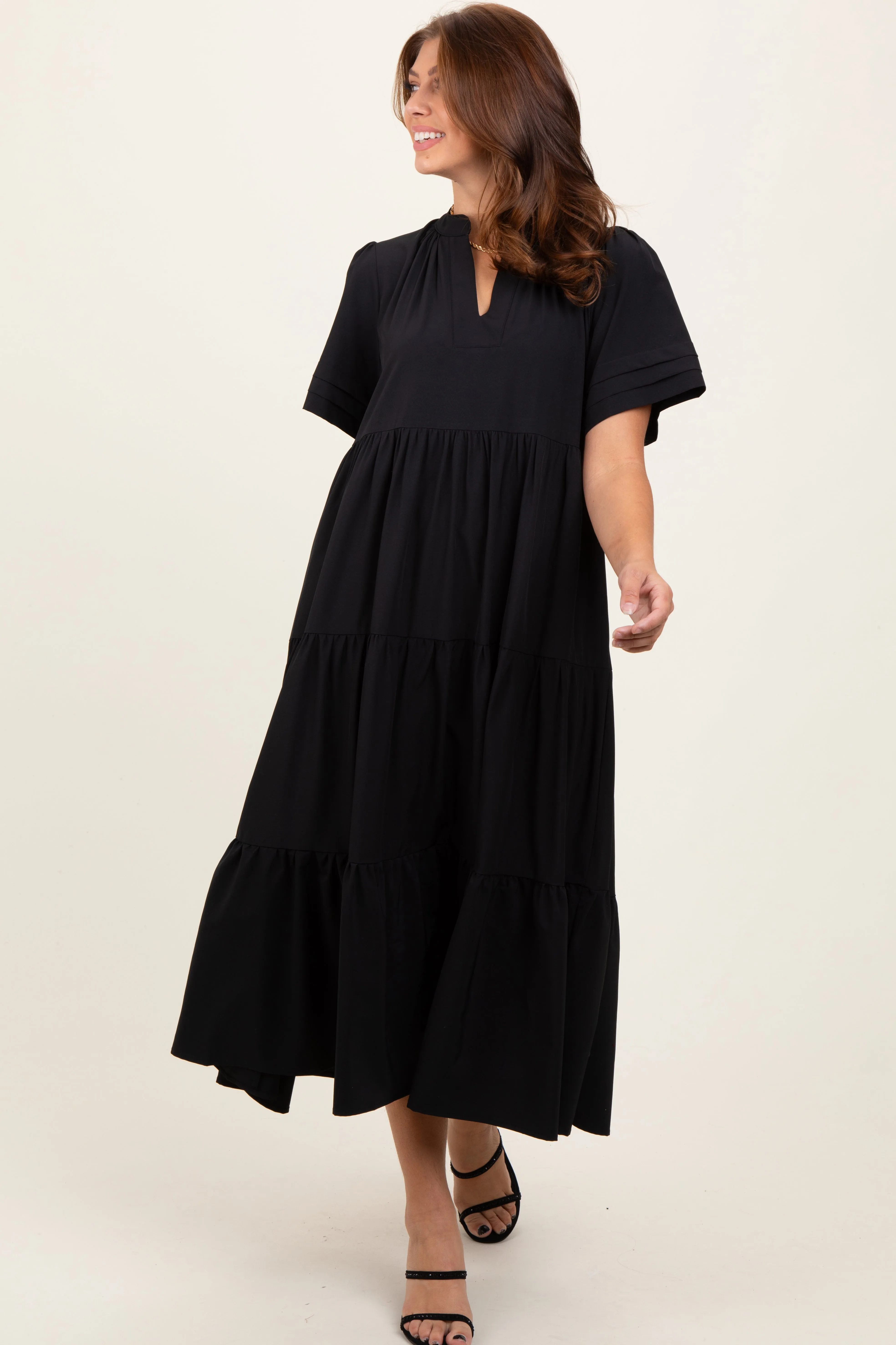 Black V-Neck Tiered Midi Dress sold by Pinkblush product image thumbnail 2