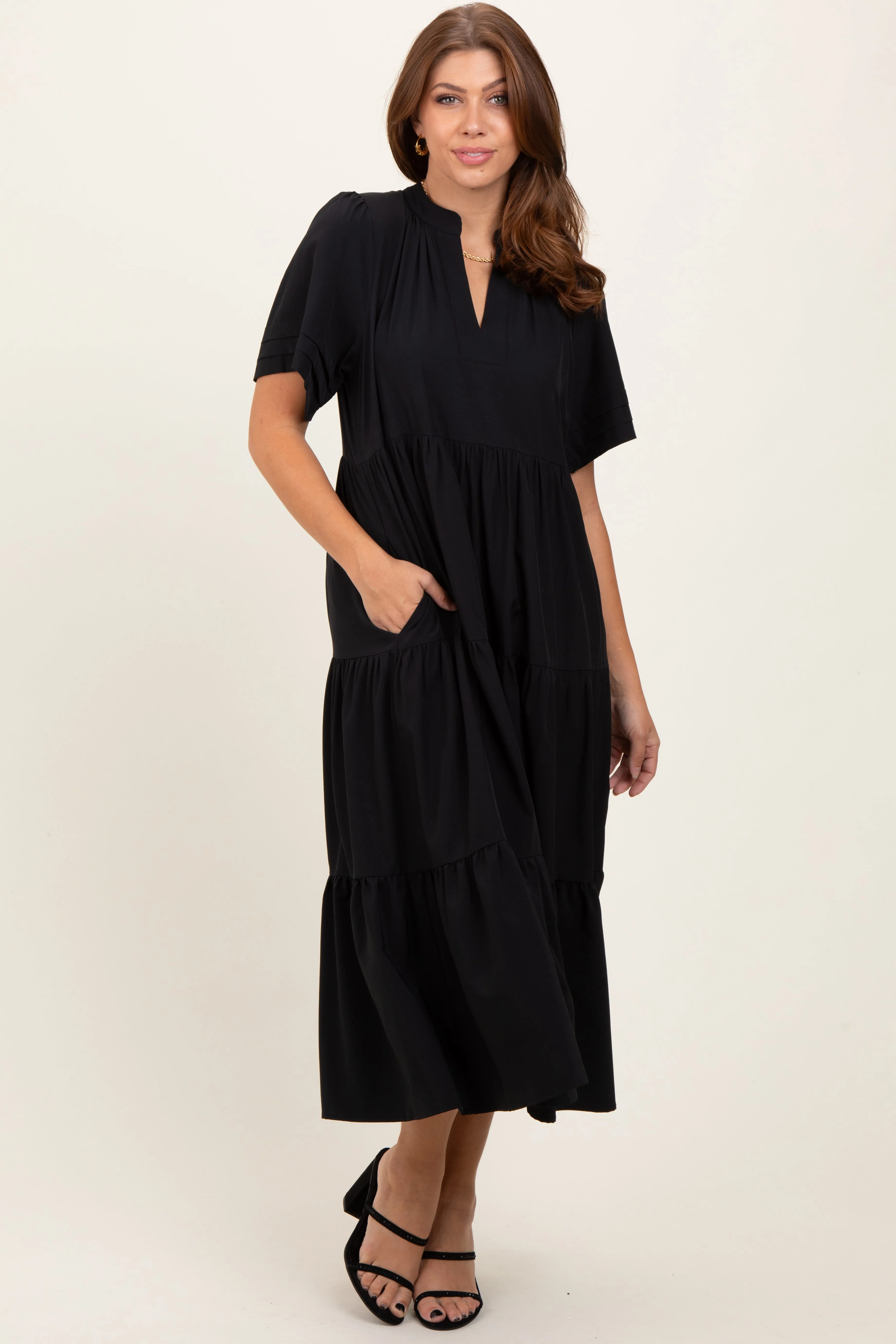 Black V-Neck Tiered Midi Dress sold by Pinkblush