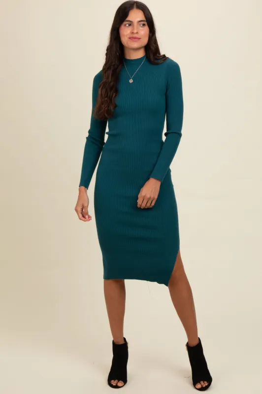 Deep Teal Ribbed Fitted Mock Neck Long Sleeve Midi Dress sold by Pinkblush