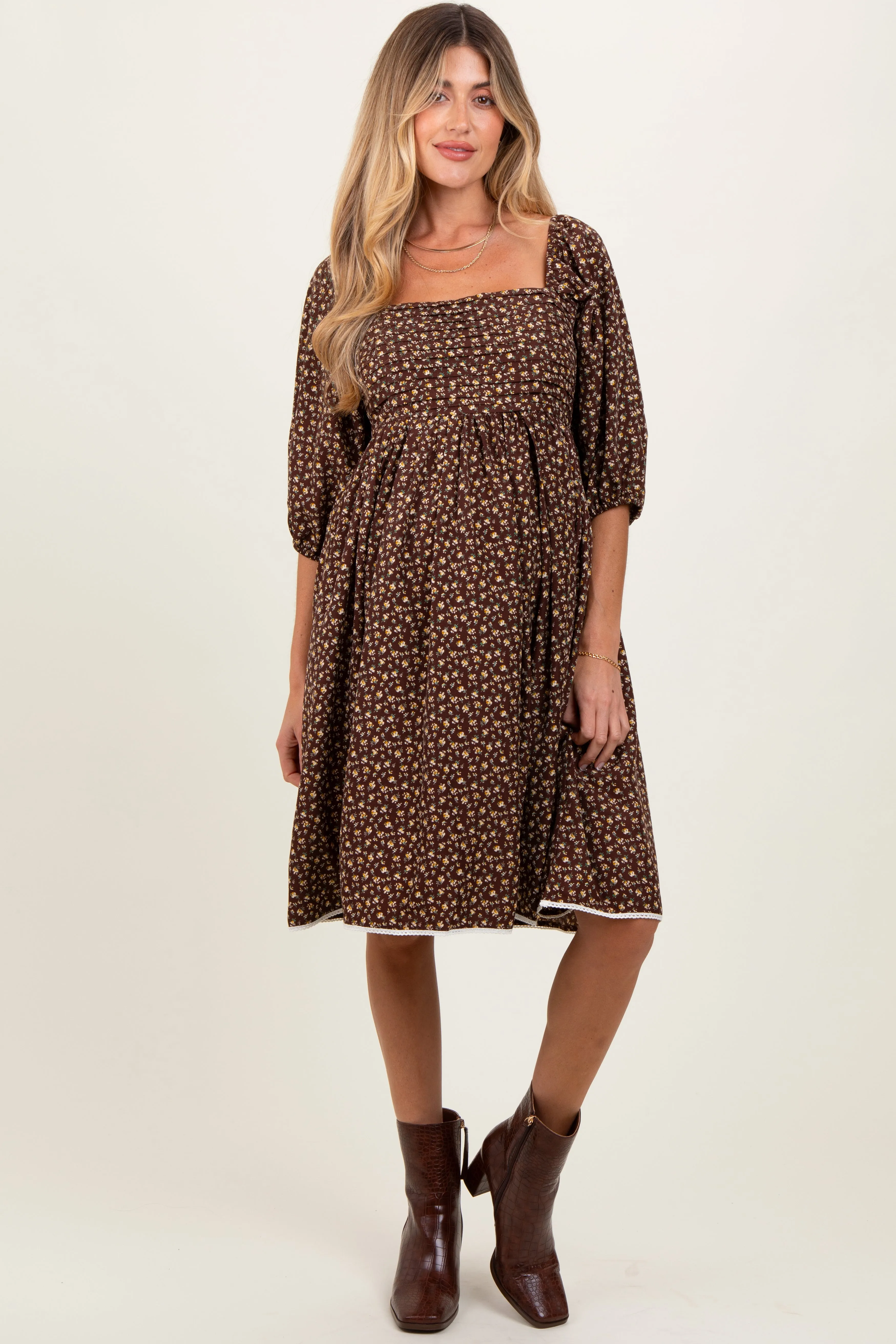 Mocha Floral Pleated Bodice Lace Trim Maternity Midi Dress sold by Pinkblush