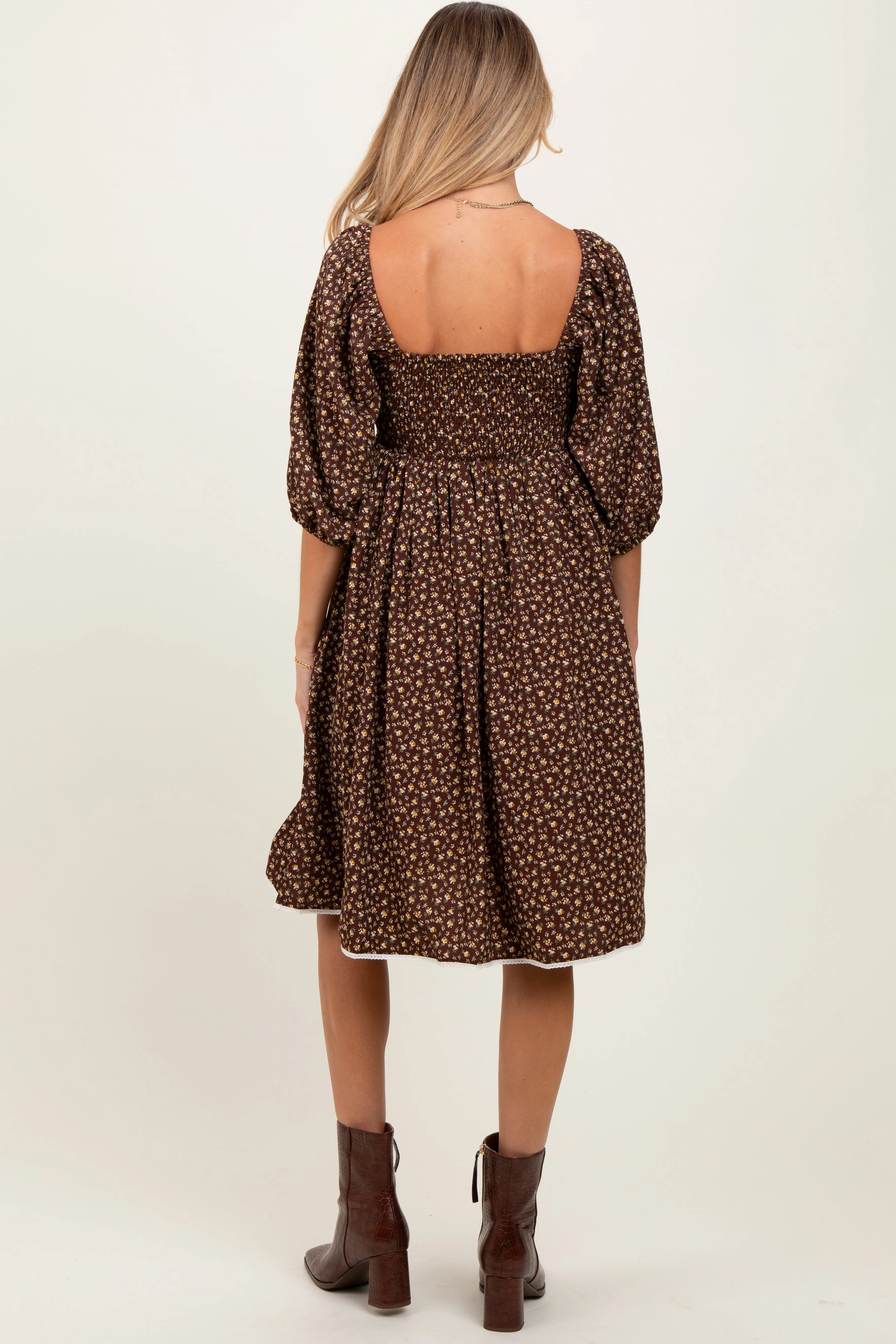 Mocha Floral Pleated Bodice Lace Trim Maternity Midi Dress sold by Pinkblush product image thumbnail 2