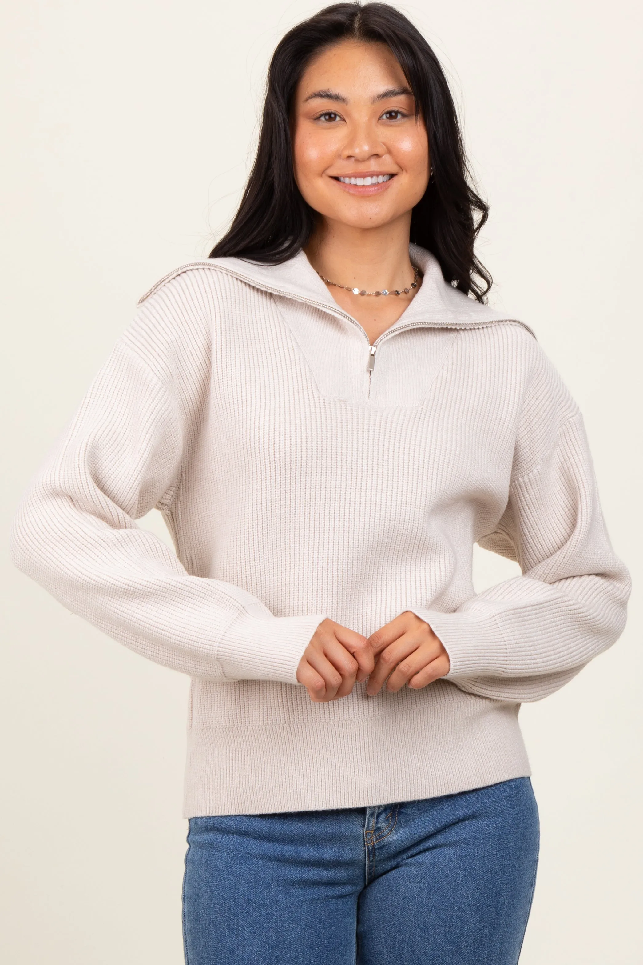 Cream Half Zip Chunky Knit Pullover Sweater sold by Pinkblush product image thumbnail 2