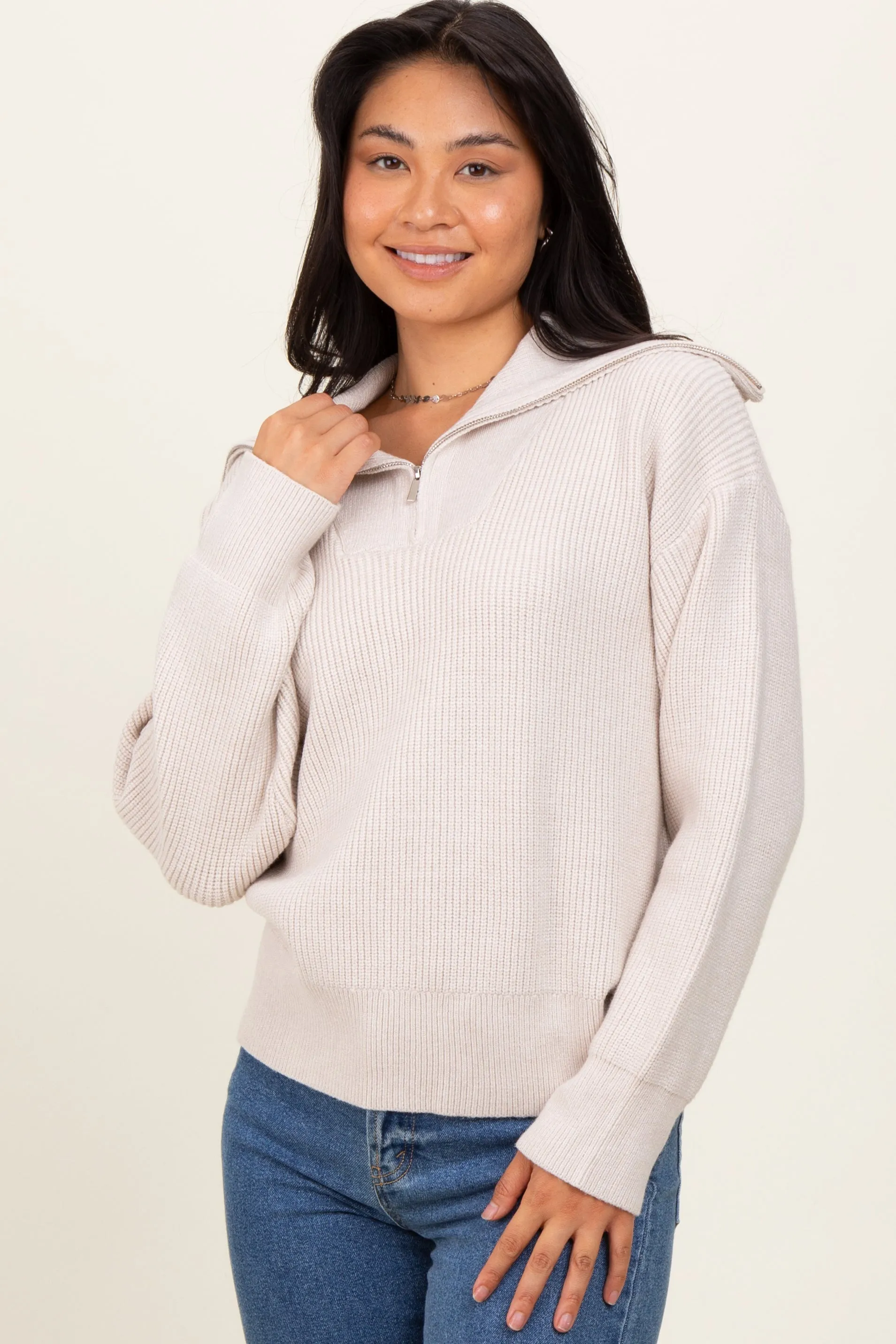Cream Half Zip Chunky Knit Pullover Sweater sold by Pinkblush product image thumbnail 3