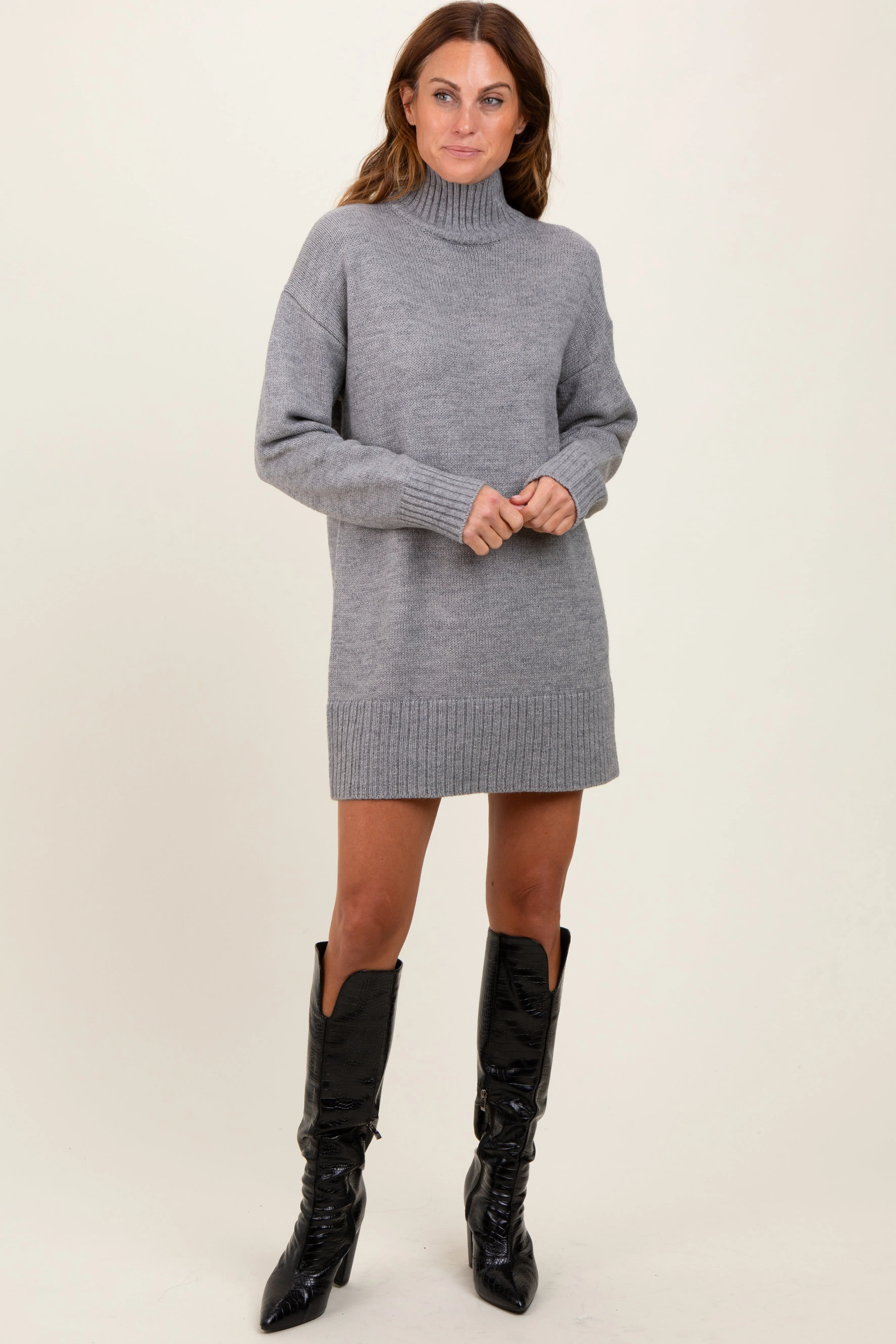 Heather Grey Turtle Neck Mini Sweater Dress sold by Pinkblush