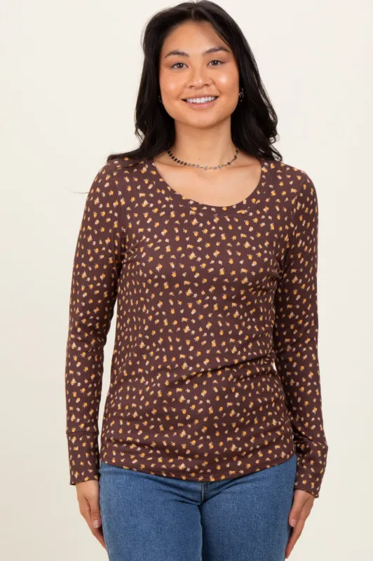 Brown Floral Ribbed Long Sleeve Top sold by Pinkblush