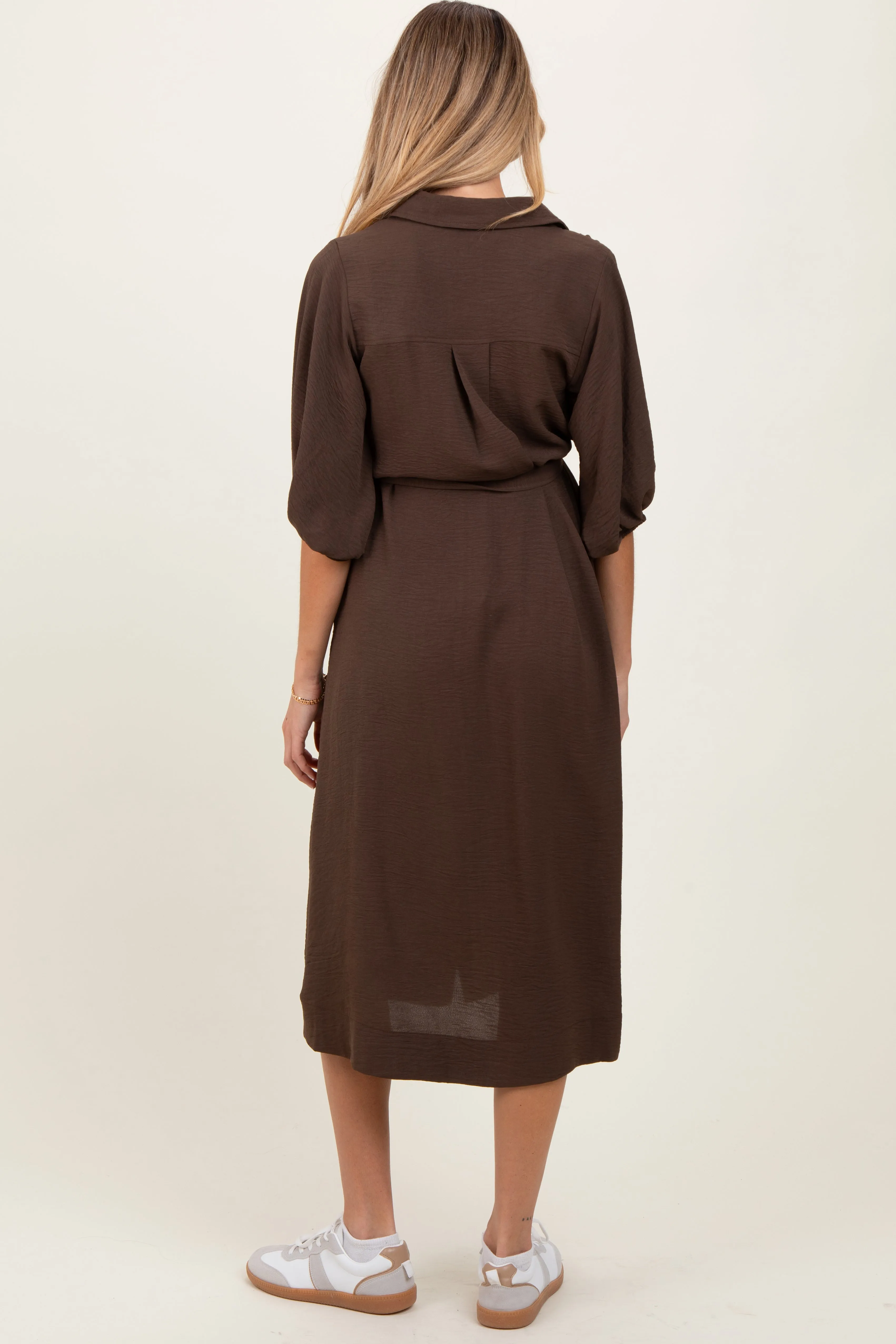 Brown Sash Tie Maternity Midi Shirt Dress sold by Pinkblush product image thumbnail 4