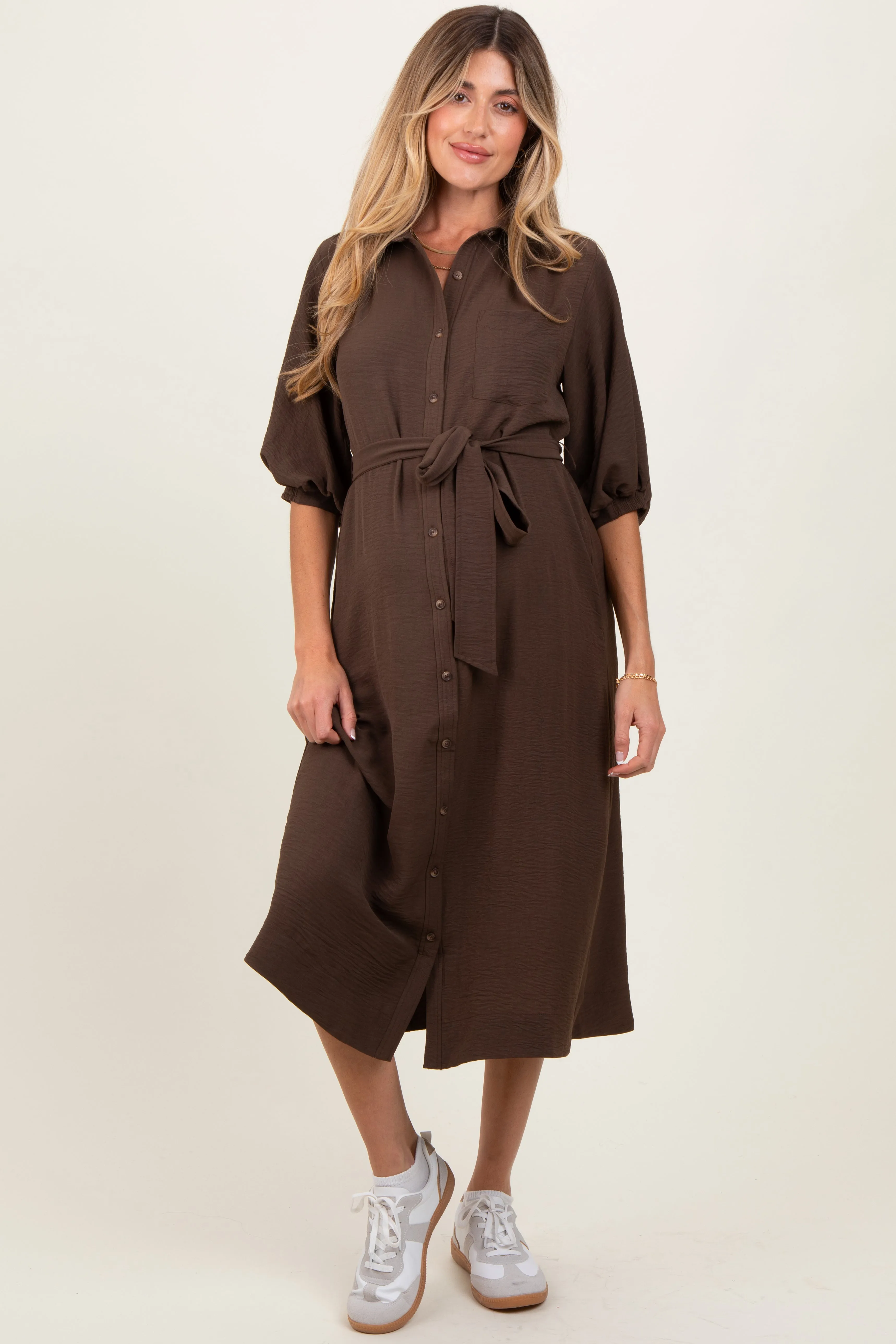 Brown Sash Tie Maternity Midi Shirt Dress sold by Pinkblush