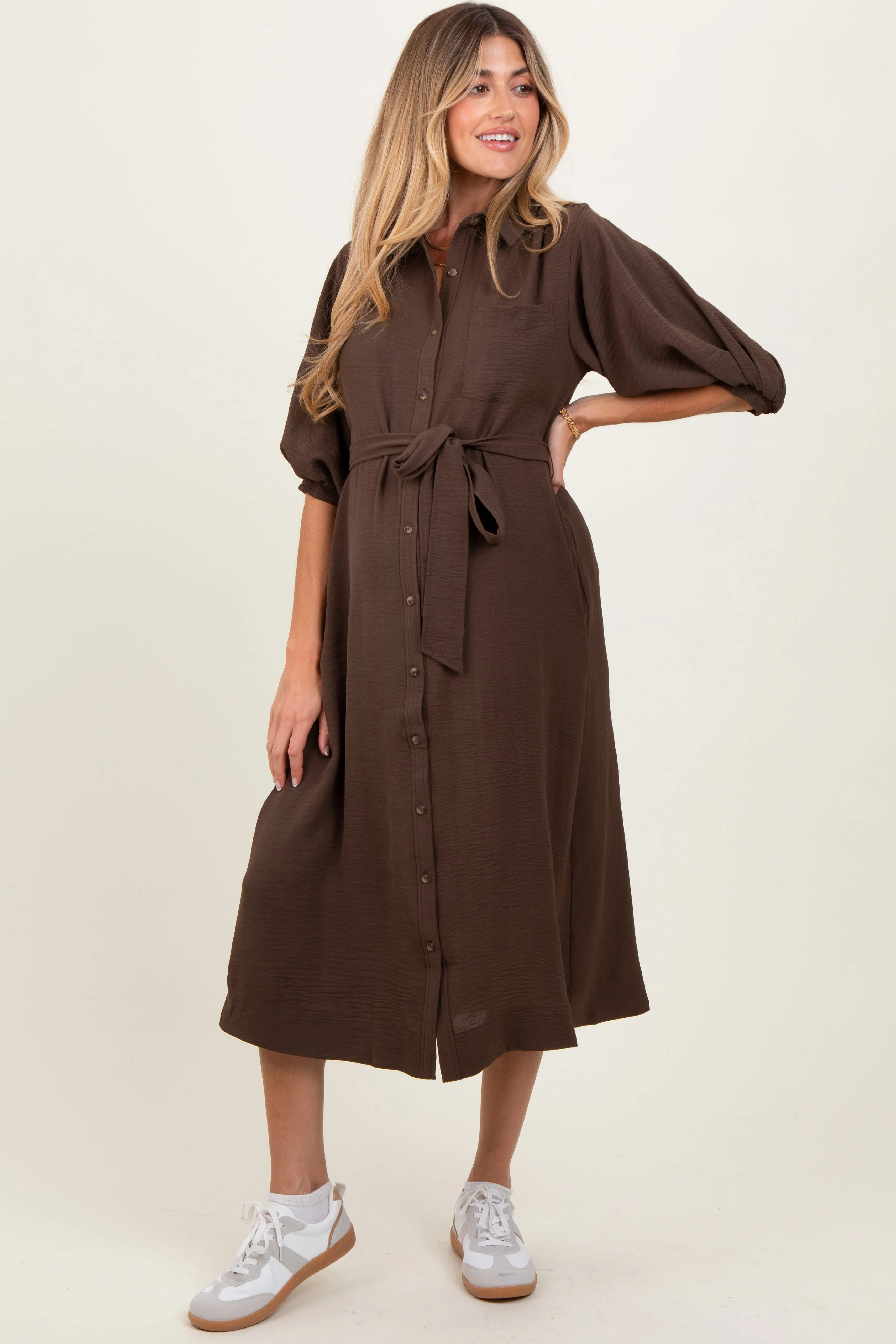 Brown Sash Tie Maternity Midi Shirt Dress sold by Pinkblush product image thumbnail 2