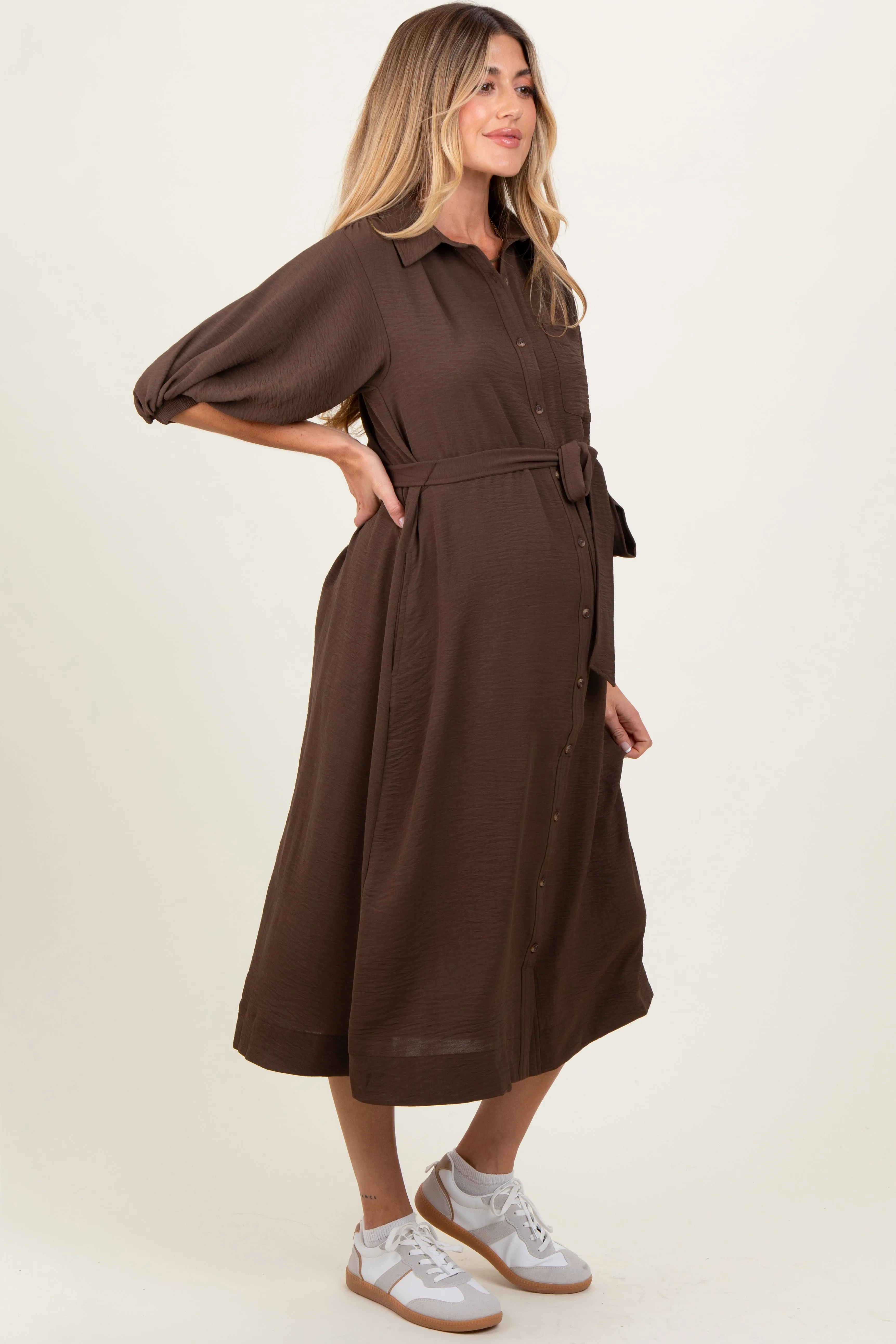 Brown Sash Tie Maternity Midi Shirt Dress sold by Pinkblush product image thumbnail 3