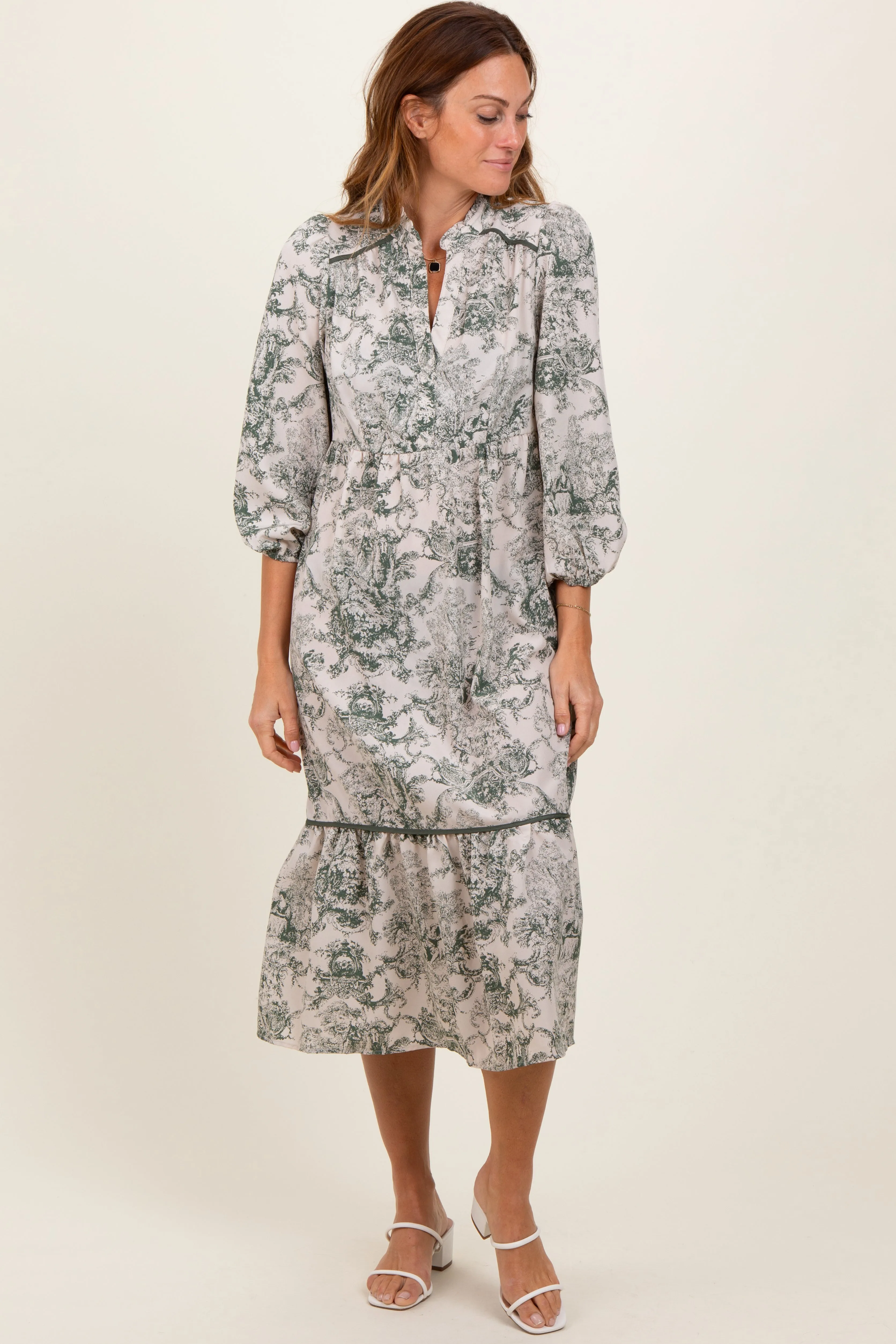 Forest Green Printed Split Ruffle Collar Midi Dress sold by Pinkblush
